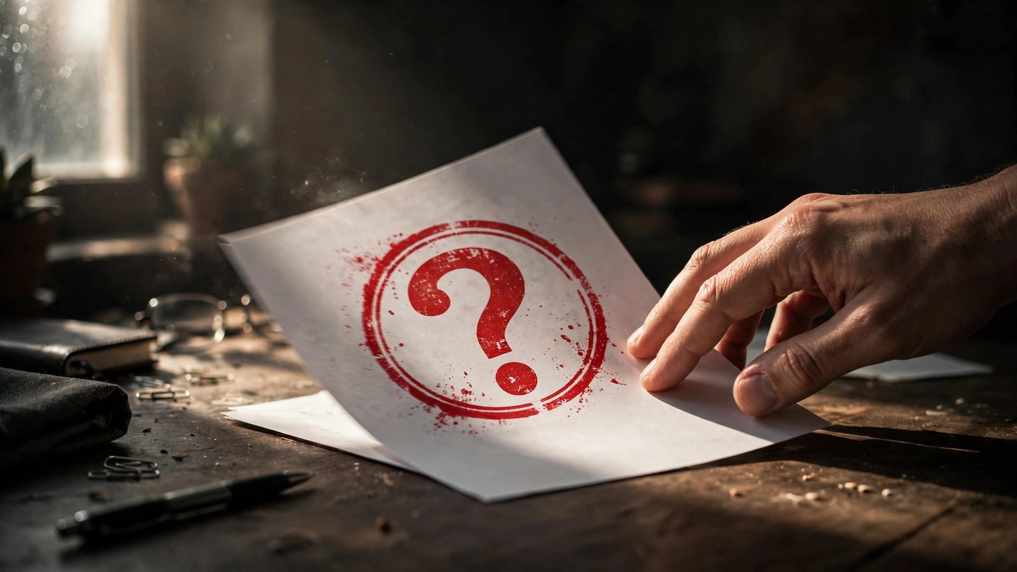 Visa guarantee scam warning - hand pushing away a document with a big question mark on a desk