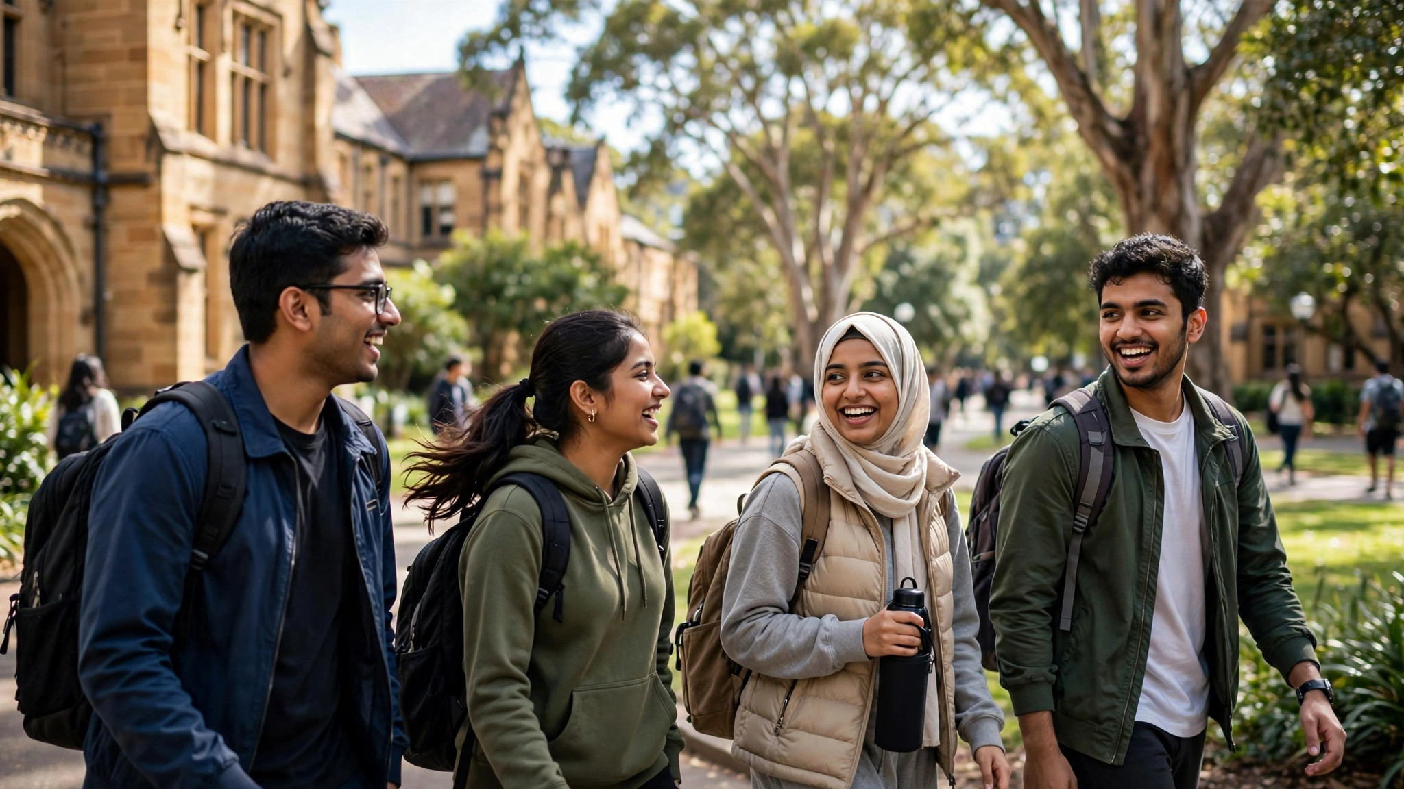 Indian students walking on a Sydney university campus in bright daylight