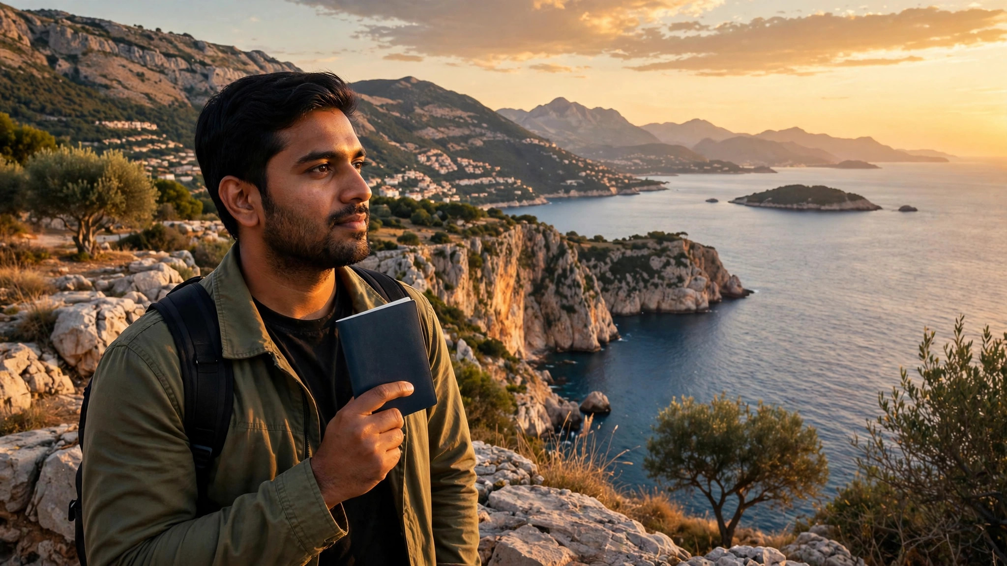 Indian traveller holding passport at Adriatic coastal viewpoint in Montenegro with mountains and sea