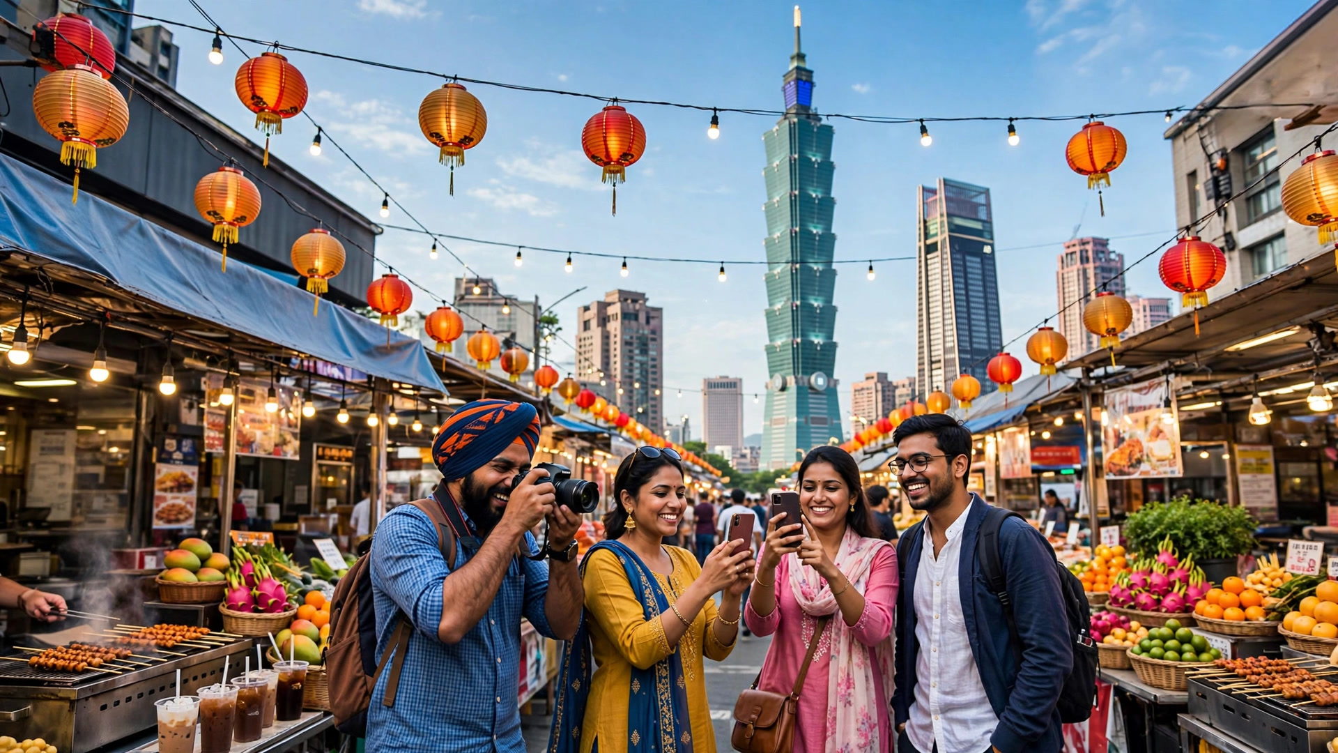 Taipei 101 tower and night market lights in Taiwan with Indian tourists
