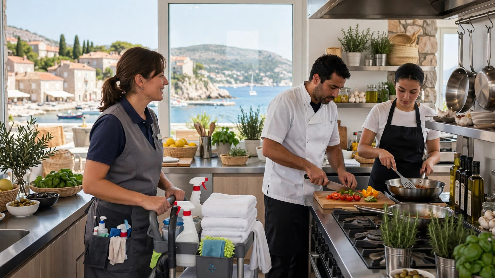 Hotel housekeeping and kitchen staff working in a coastal resort in Croatia