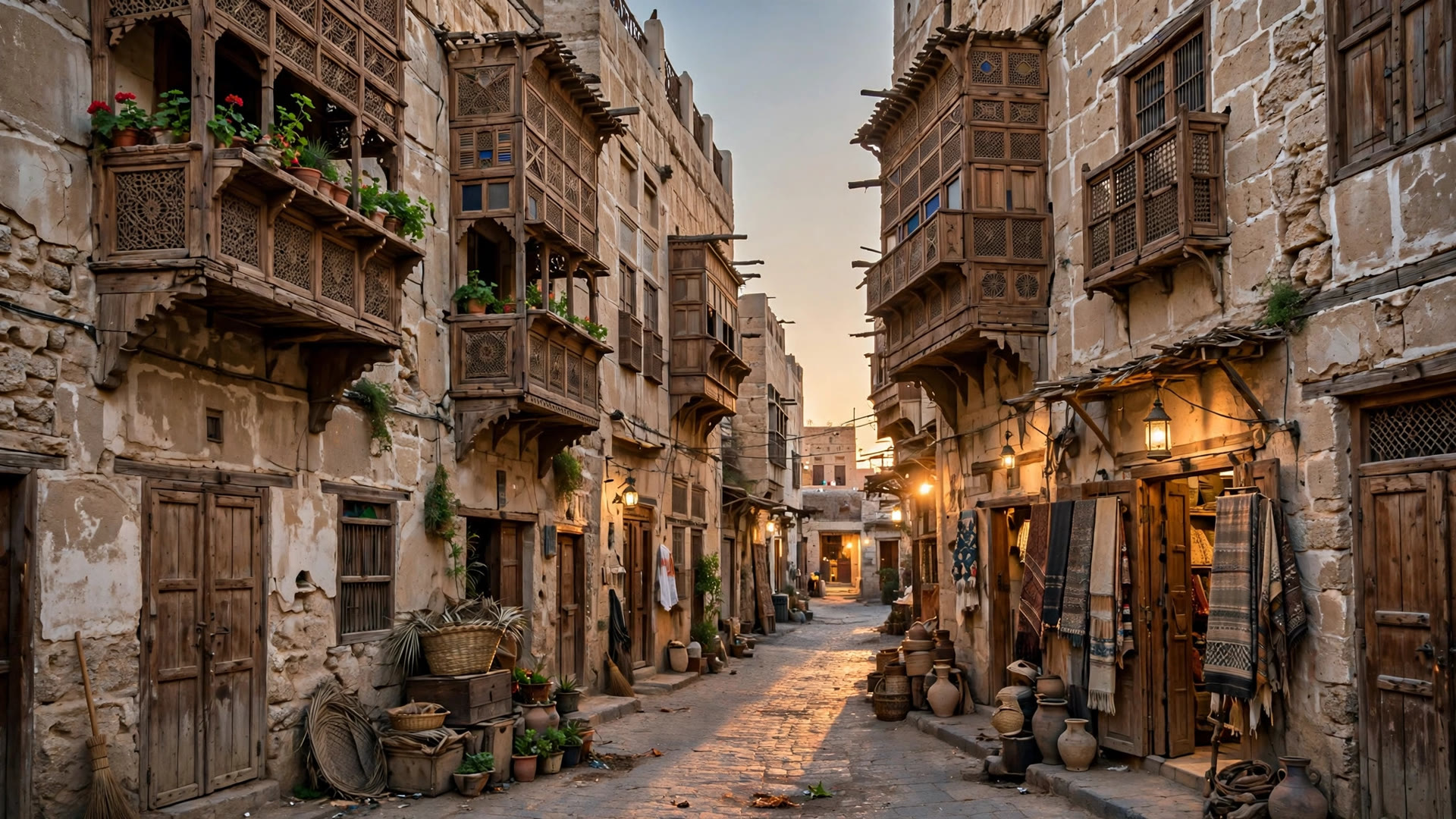 Historic Al-Balad old town in Jeddah with traditional coral stone buildings in warm evening light