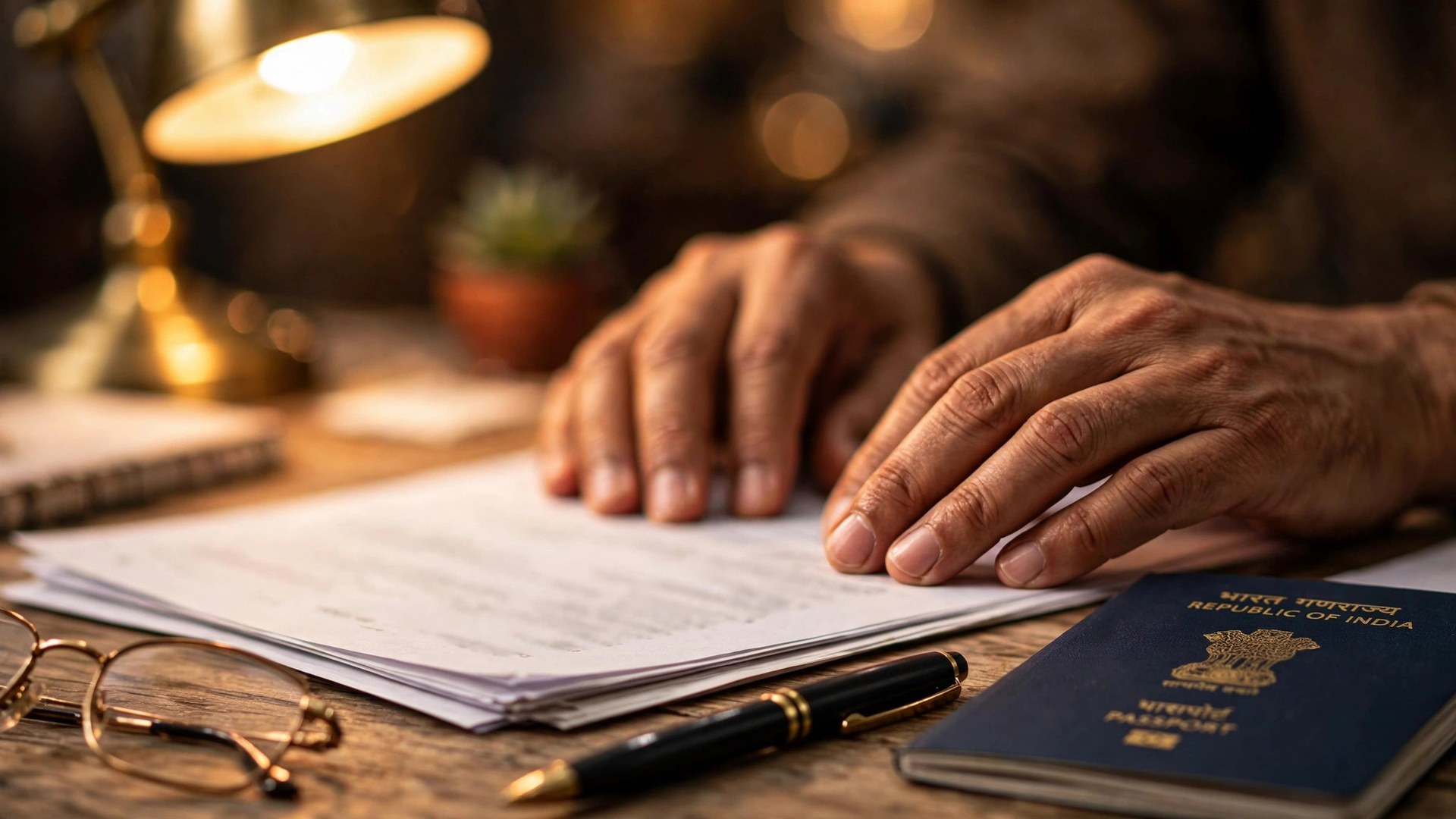 Overseas Job Contract Guide: 12 Checks Before You Sign It Hands reading an employment contract with a pen and passport nearby on a desk