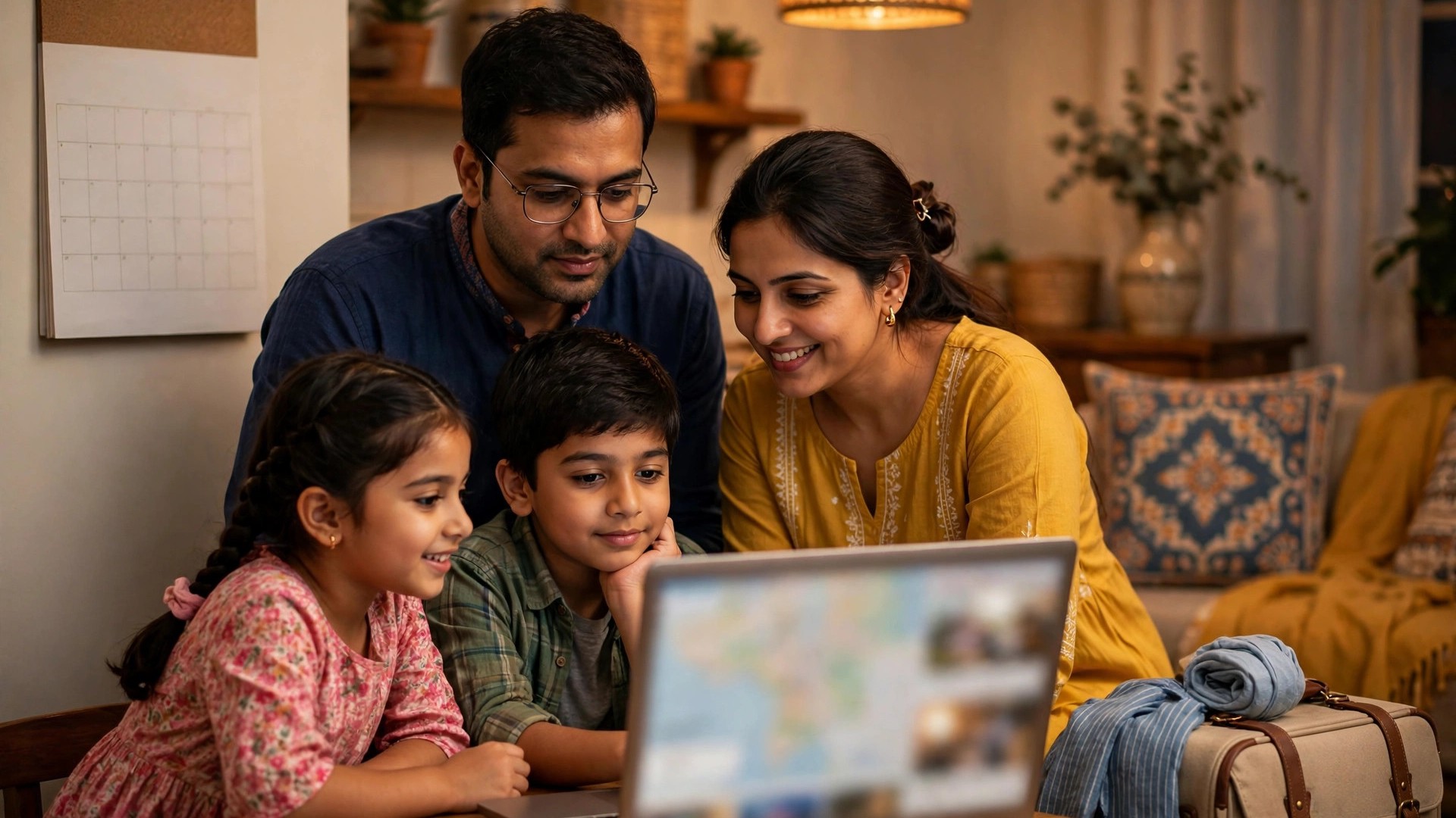 Indian family planning New Year holiday trip on laptop with calendar and suitcase