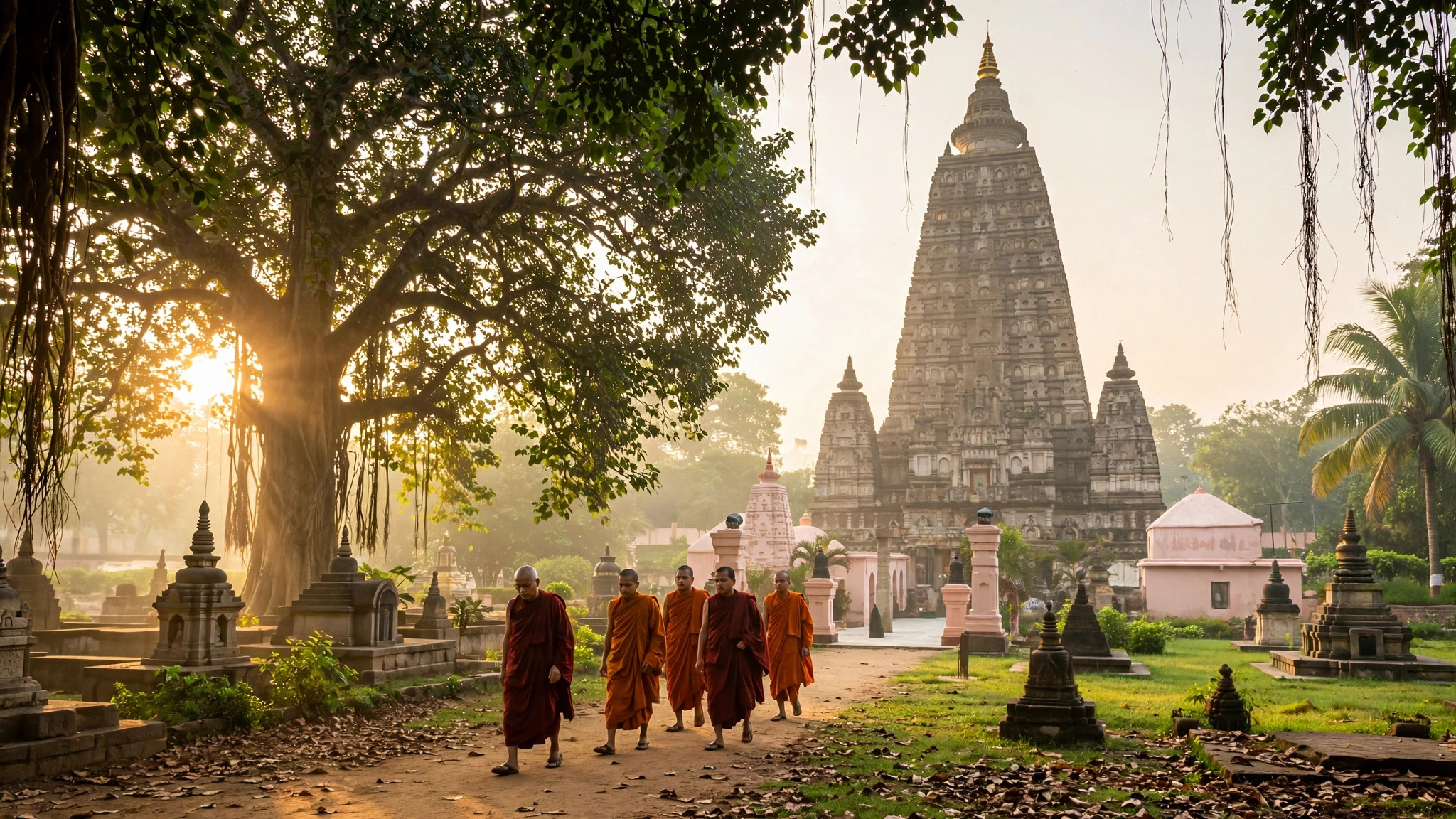 Buddhist monks walking near Mahabodhi Temple Bodh Gaya at sunrise