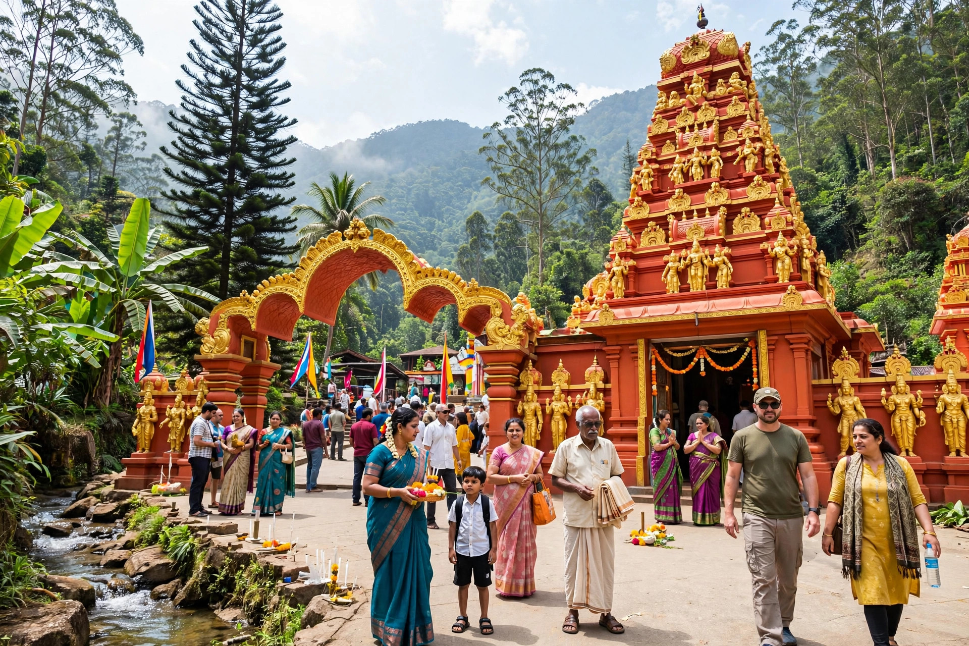 Sri Lanka 5-Day Tour Package: Ramayana Trail Itinerary Guide Seetha Amman Temple colourful gopuram with devotees, Sri Lanka