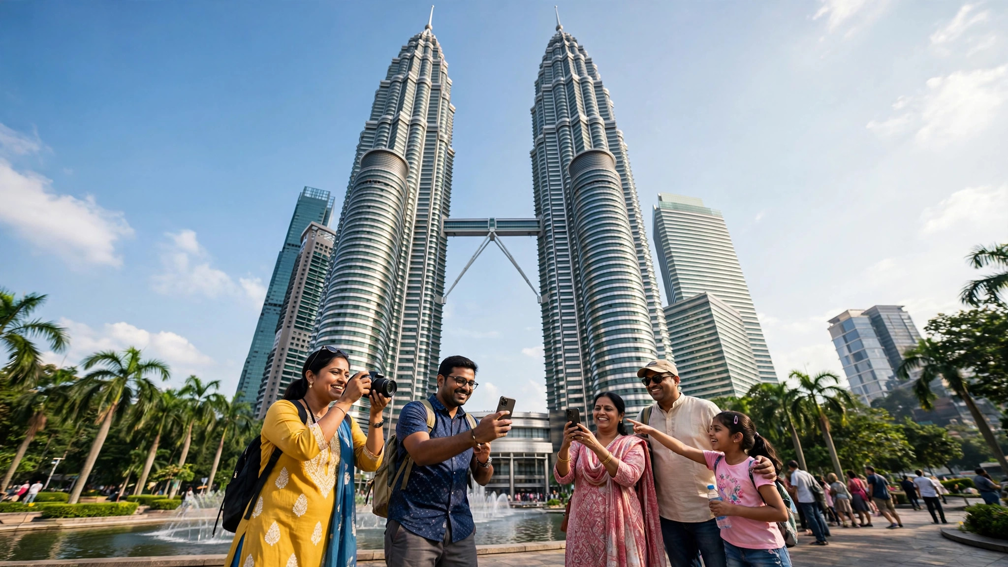 Malaysia Arrival Card for Indians: MDAC Guide and Travel Tips Petronas Towers Kuala Lumpur with Indian tourists taking photos in daylight