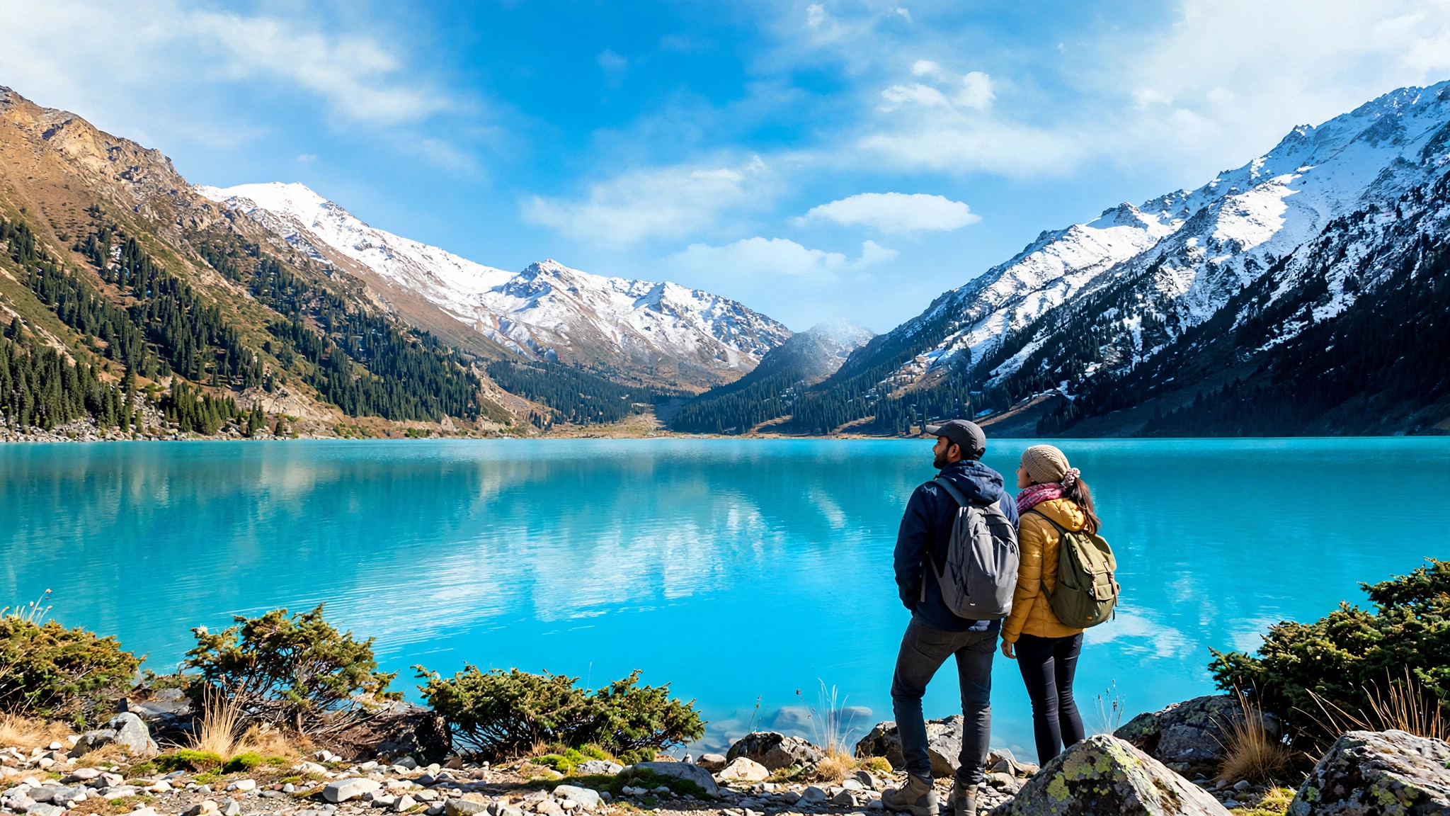 Almaty 5-Day Tour Package: Itinerary, Cost and Travel Tips Big Almaty Lake turquoise water with mountains, Indian tourists admiring the view