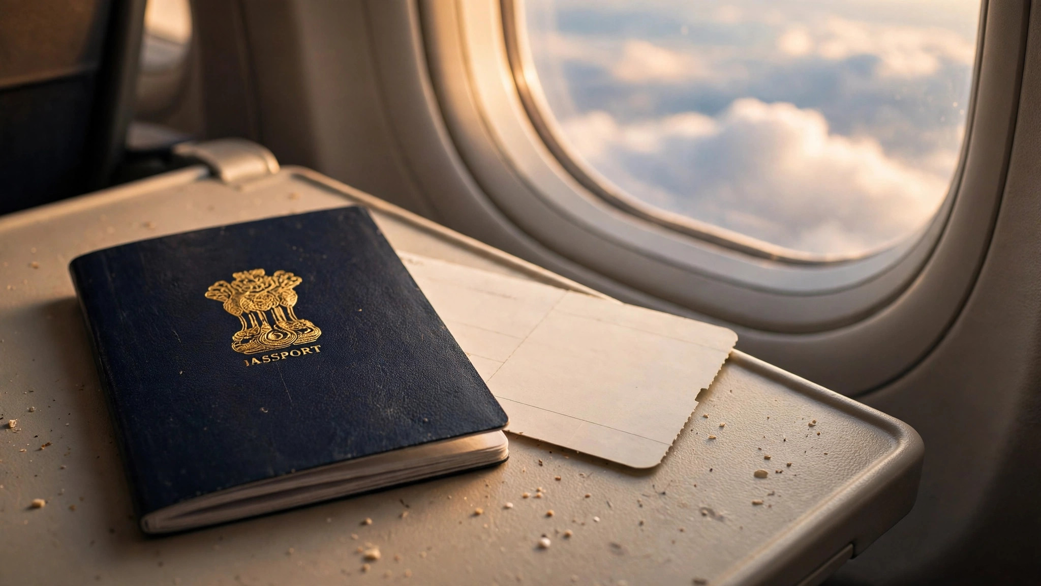 Indian passport and boarding pass on airplane seat tray