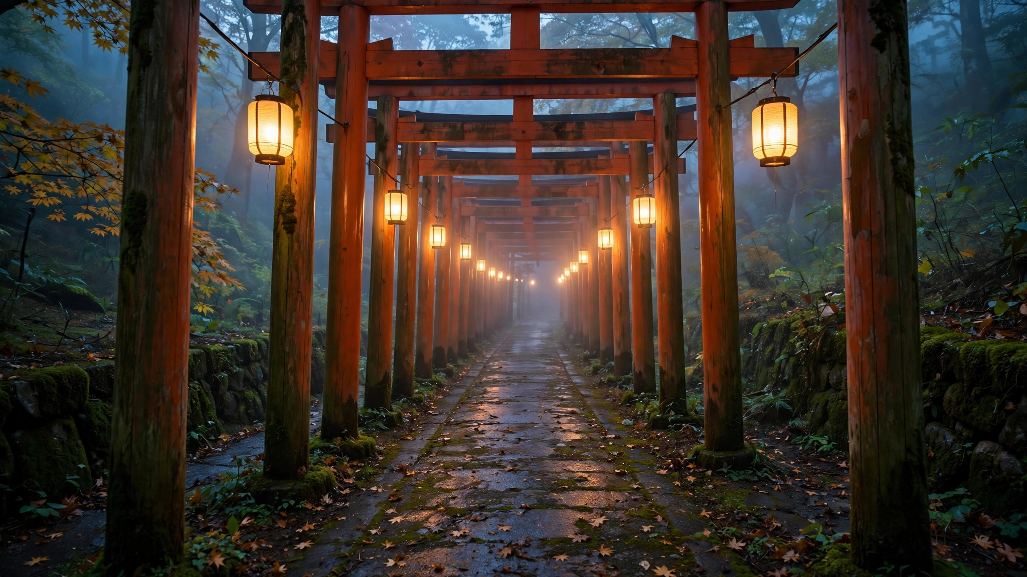 Kyoto torii gate path at dusk with glowing lanterns