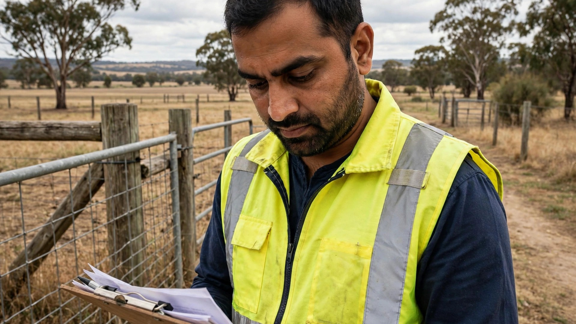 Australia Farm and Warehouse Jobs for Indians: Visa Options Guide Indian worker in safety vest checking documents at an Australian farm entrance
