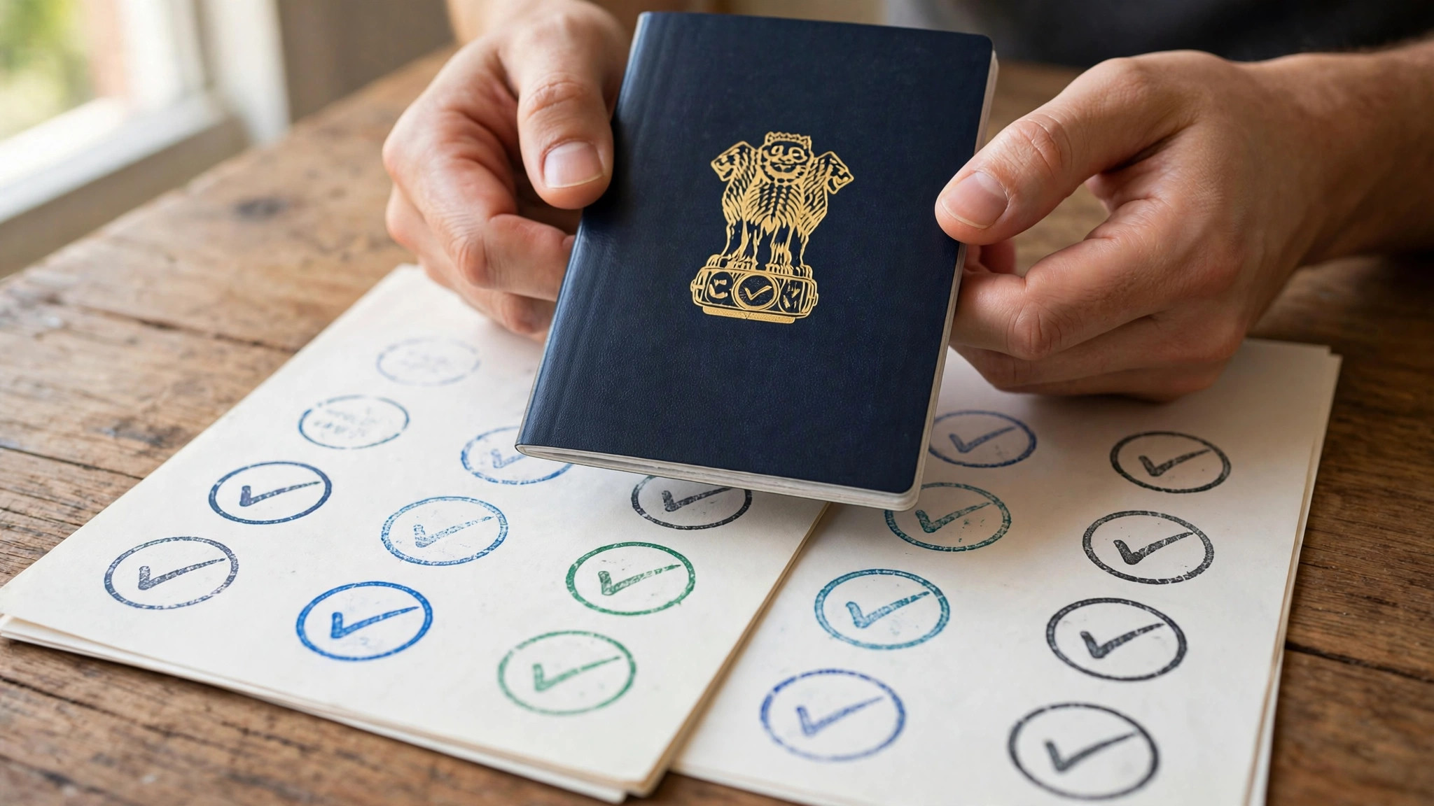 India Warns Citizens Against Russia Armed Forces Job Offers Hands holding an Indian passport and verified employment documents on a desk