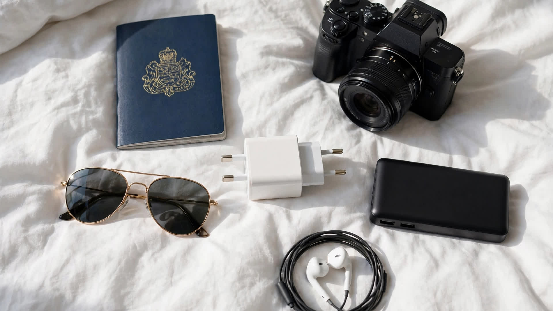 15-Day Trip Packing Checklist: Travel Smart and Pack Light Flat-lay of travel essentials: passport, camera, adapter, power bank on bed