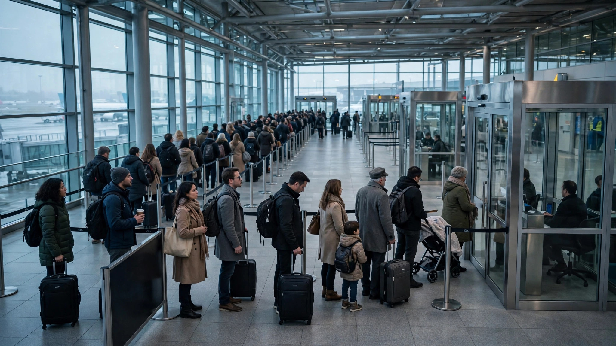ETIAS 20 Euro Fee for Europe Travel: What Indians Must Know Long airport immigration queue at glass border-control gates, wide angle