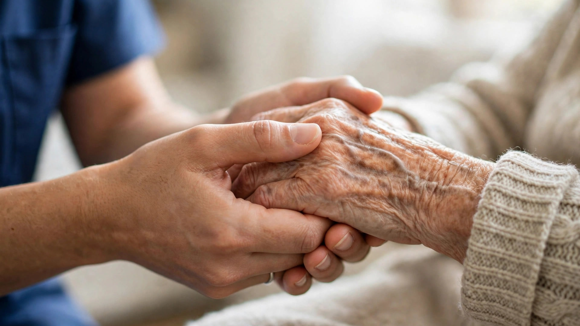 UK Care Worker Visa: Rules, Salary and Eligibility Guide Care worker’s hands holding elderly patient’s hand warmly in soft daylight