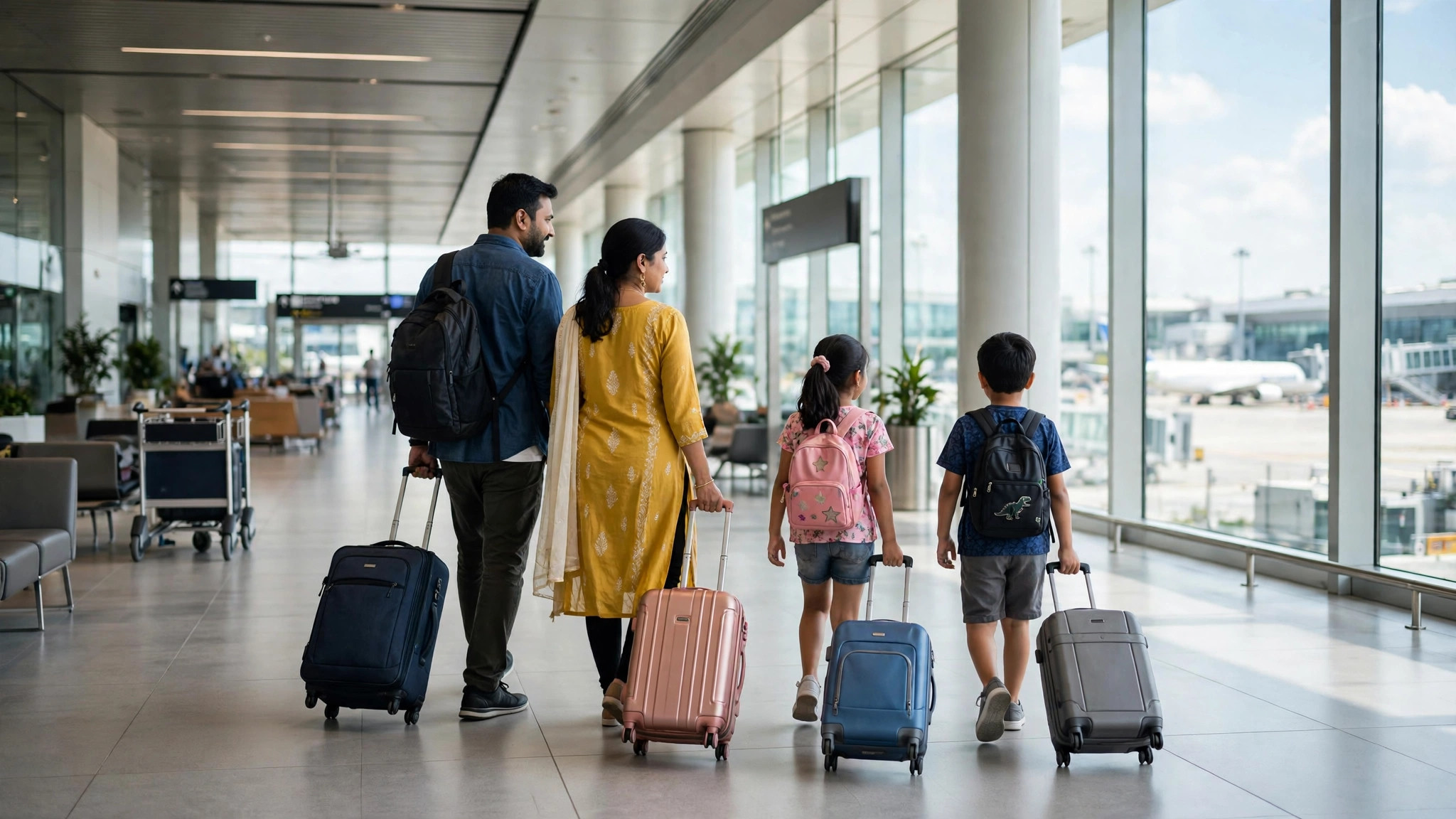 SWISS Bengaluru-Zurich Direct Flights: Schedule, Fares and Guide Indian family with rolling suitcases walking through a modern airport terminal