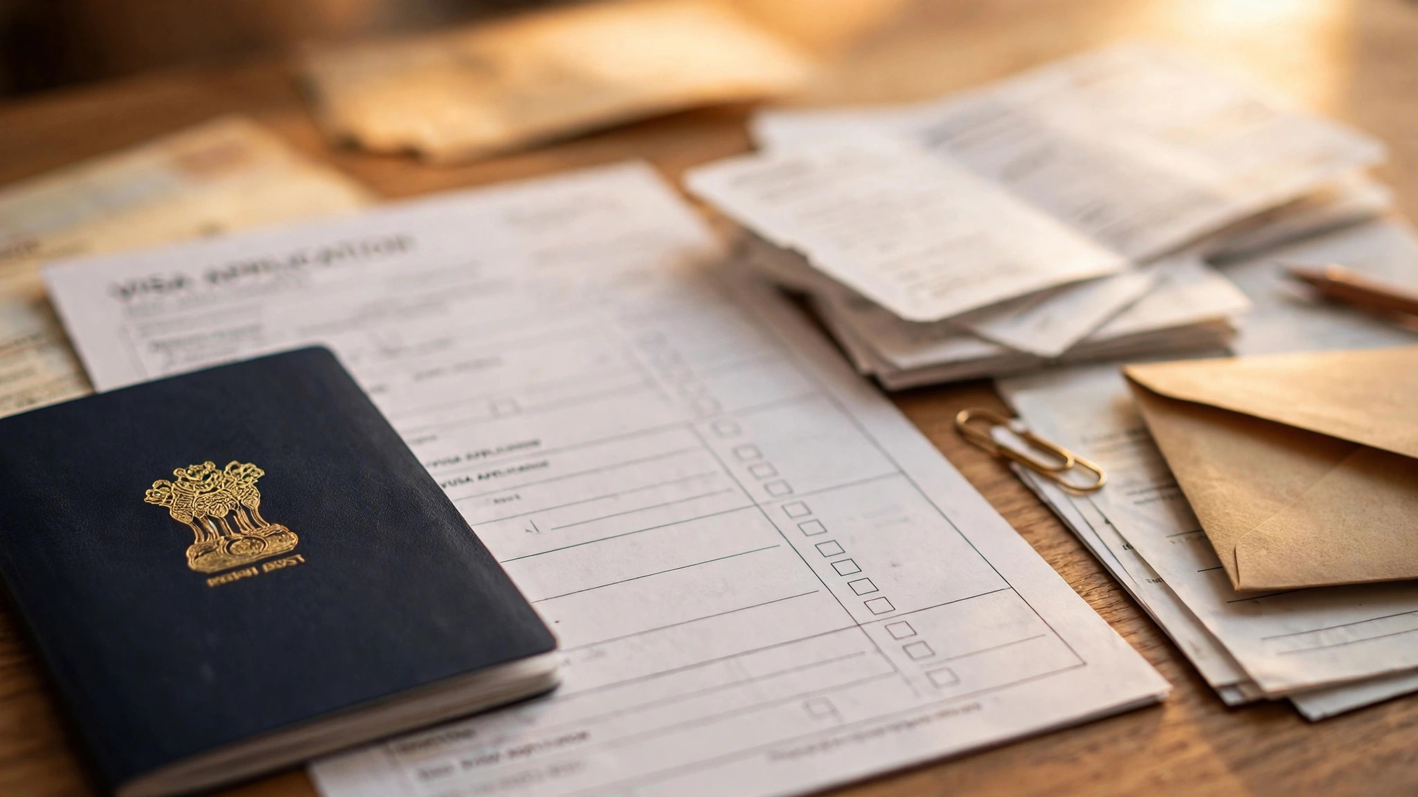 Indian passport and visa application documents arranged on a desk