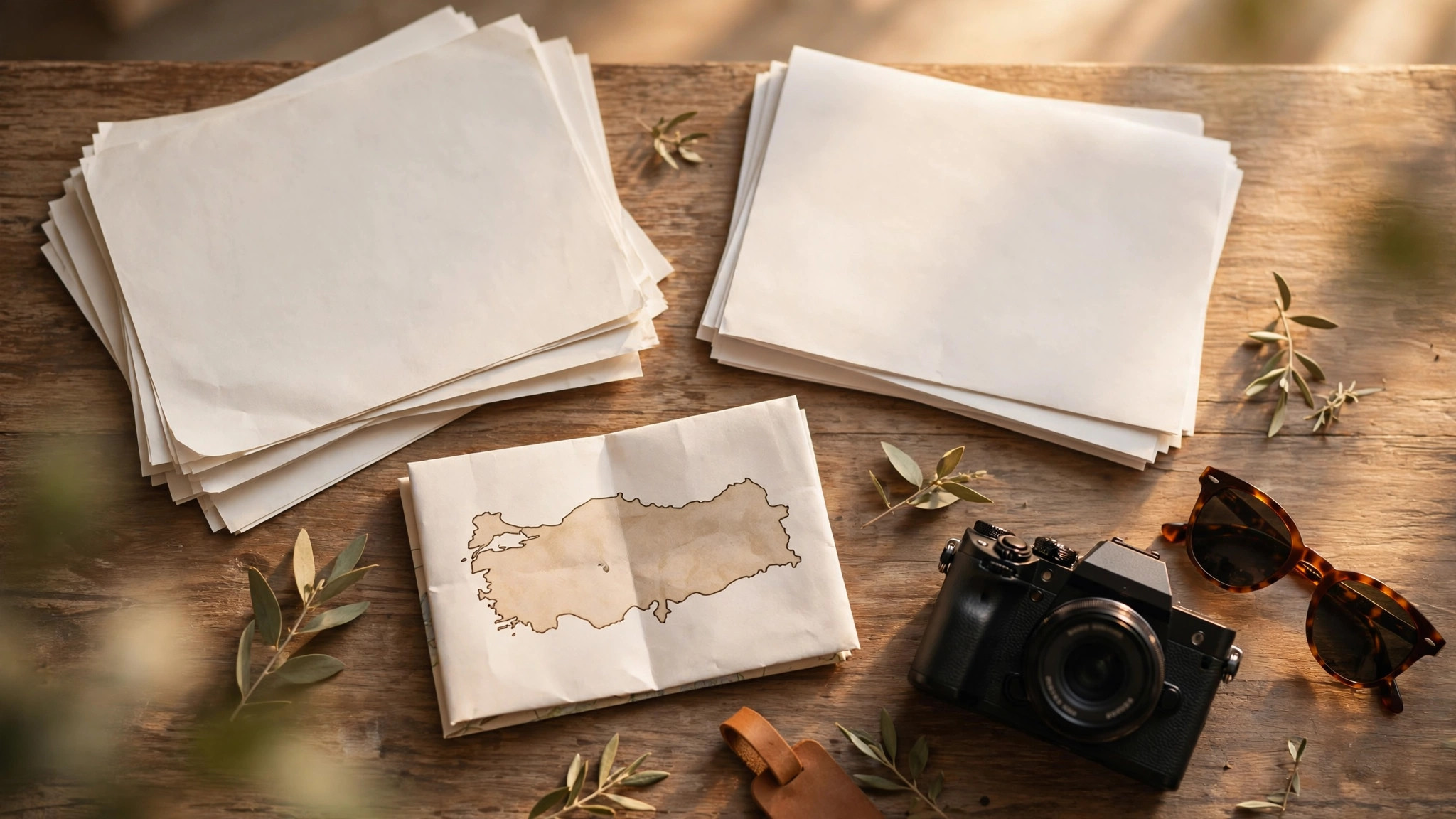 Travel preparation documents, flight bookings and a map of Turkey on a wooden desk