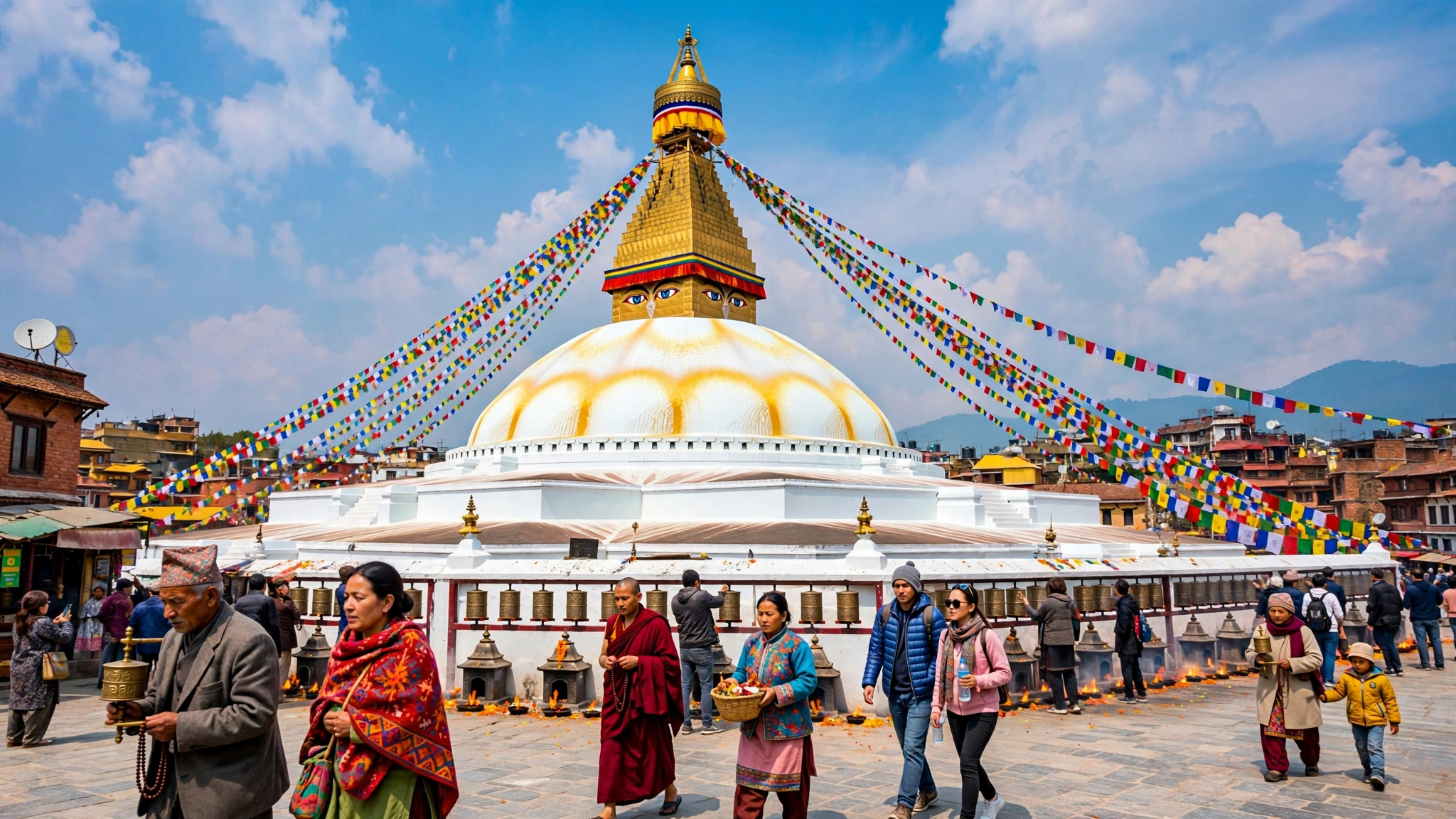 Boudhanath Stupa with prayer flags and pilgrims in Kathmandu