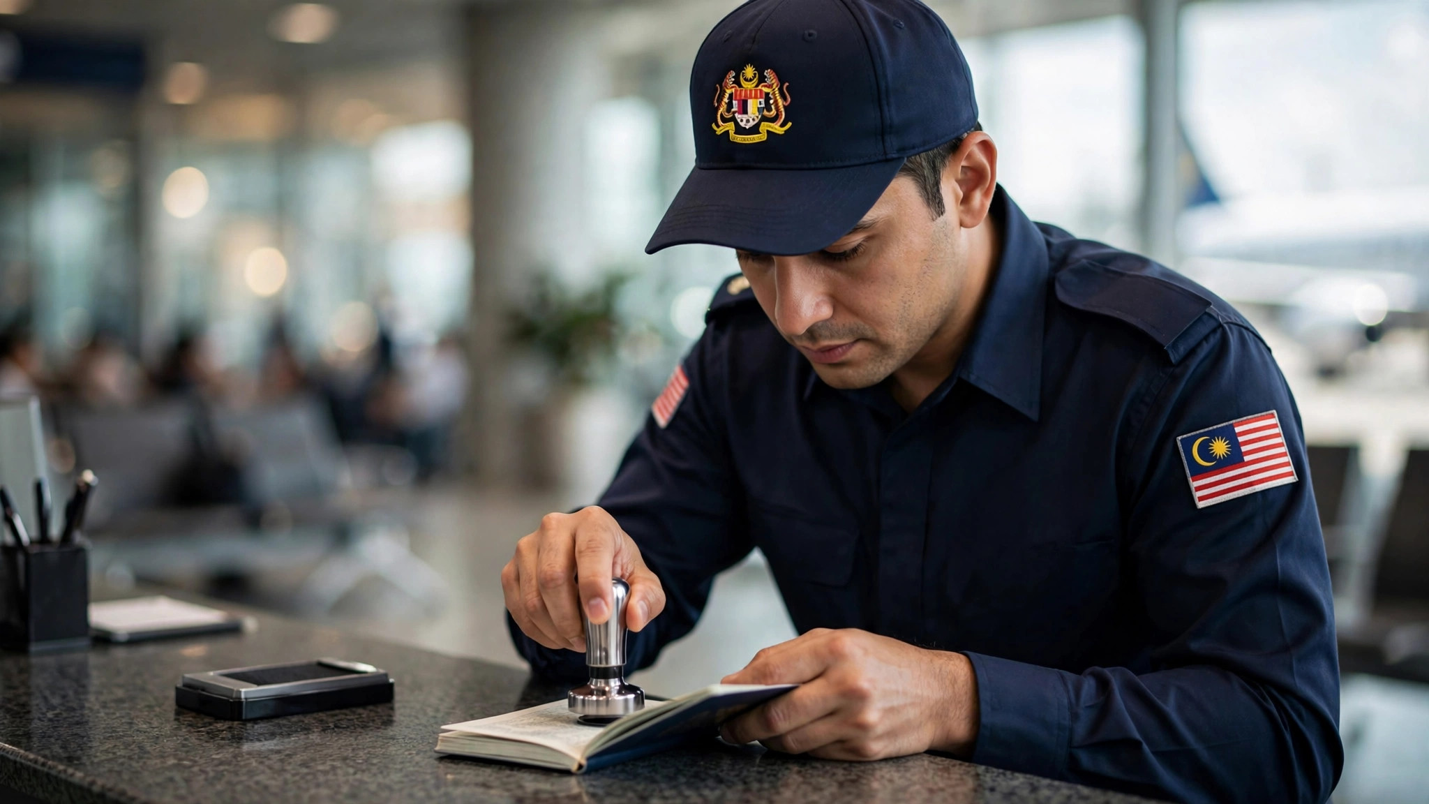 Malaysia Job Warning for Indians: Tourist Visa Risks Explained Malaysian immigration officer stamping a passport at an airport counter