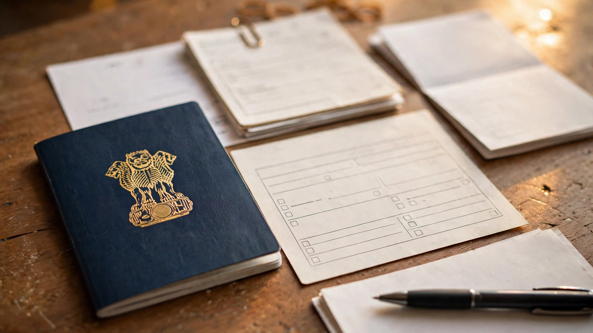 Kenya eTA for Indians: Application Process and Travel Guide Indian passport, visa application form and travel documents arranged on a wooden desk