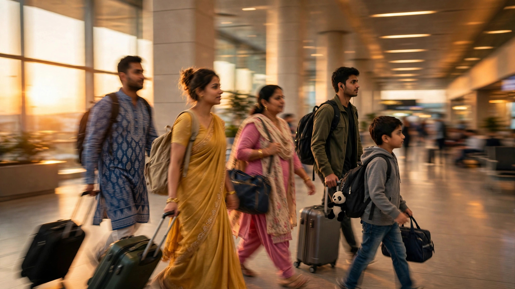 Indian travellers with luggage walking through modern airport terminal