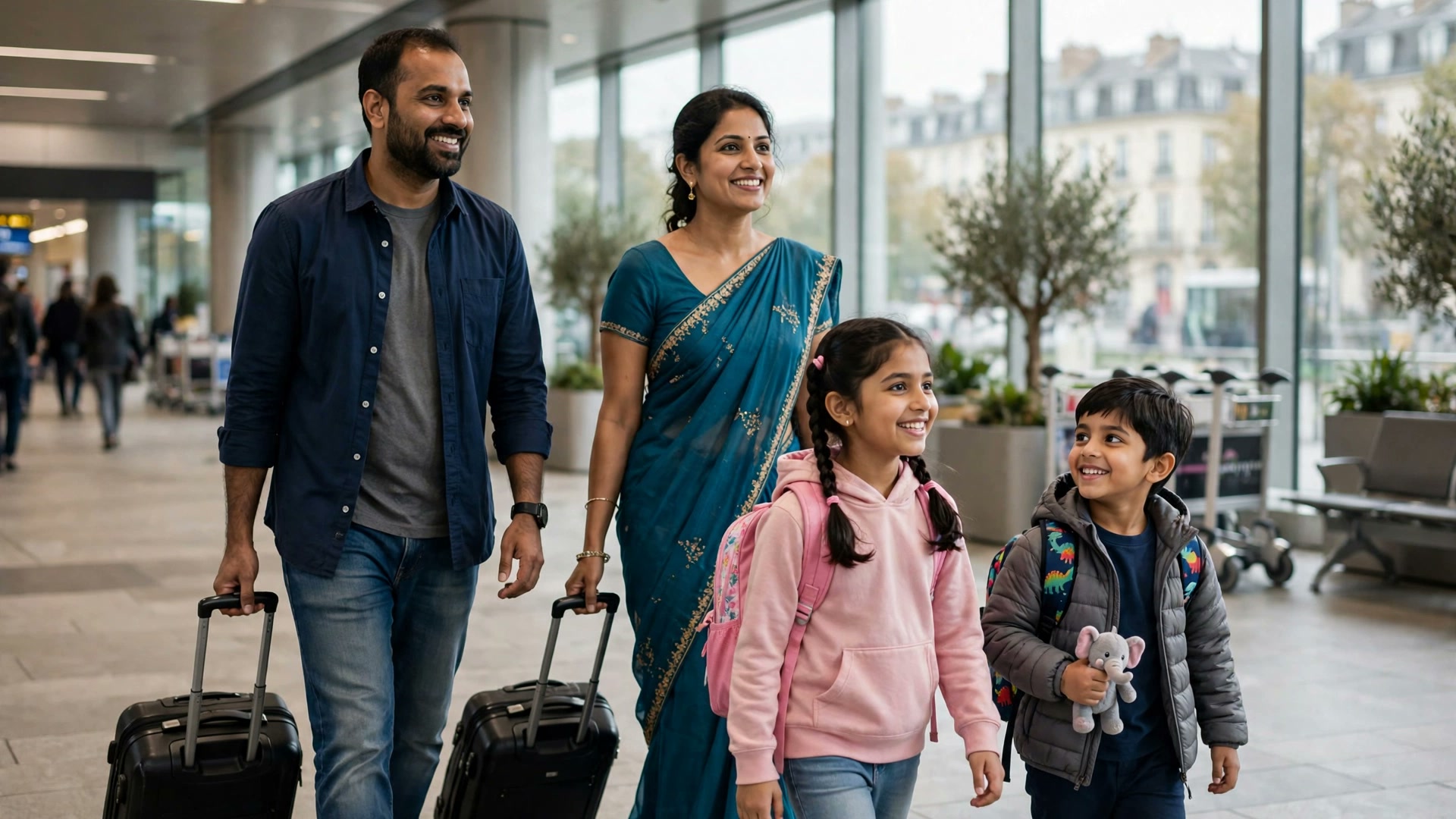 Indian family walking with suitcases through a European airport arrival hall