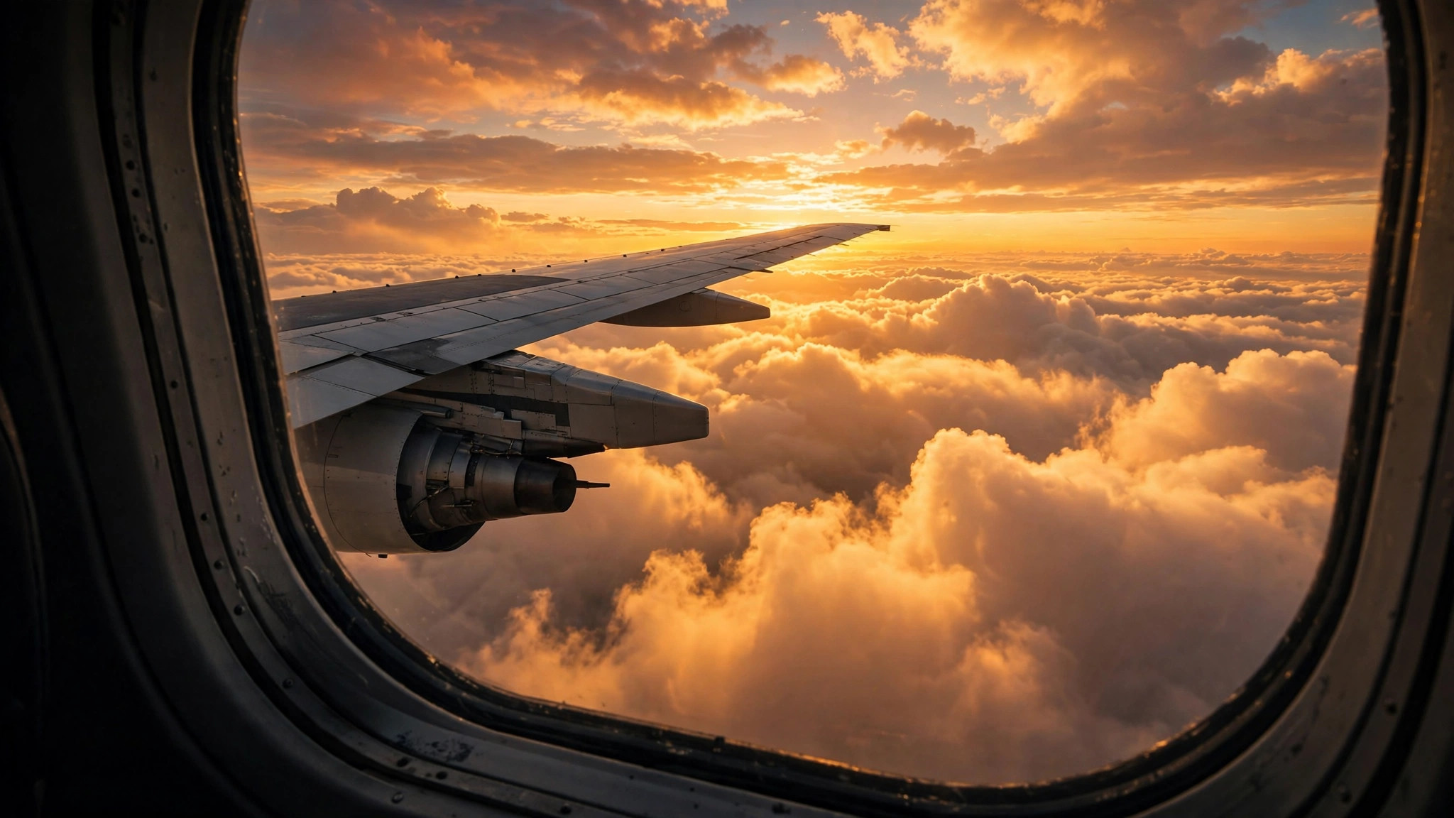 Festive Season Flight Tickets: Booking Tips to Save Money Airplane wing over golden sunset clouds seen from passenger window