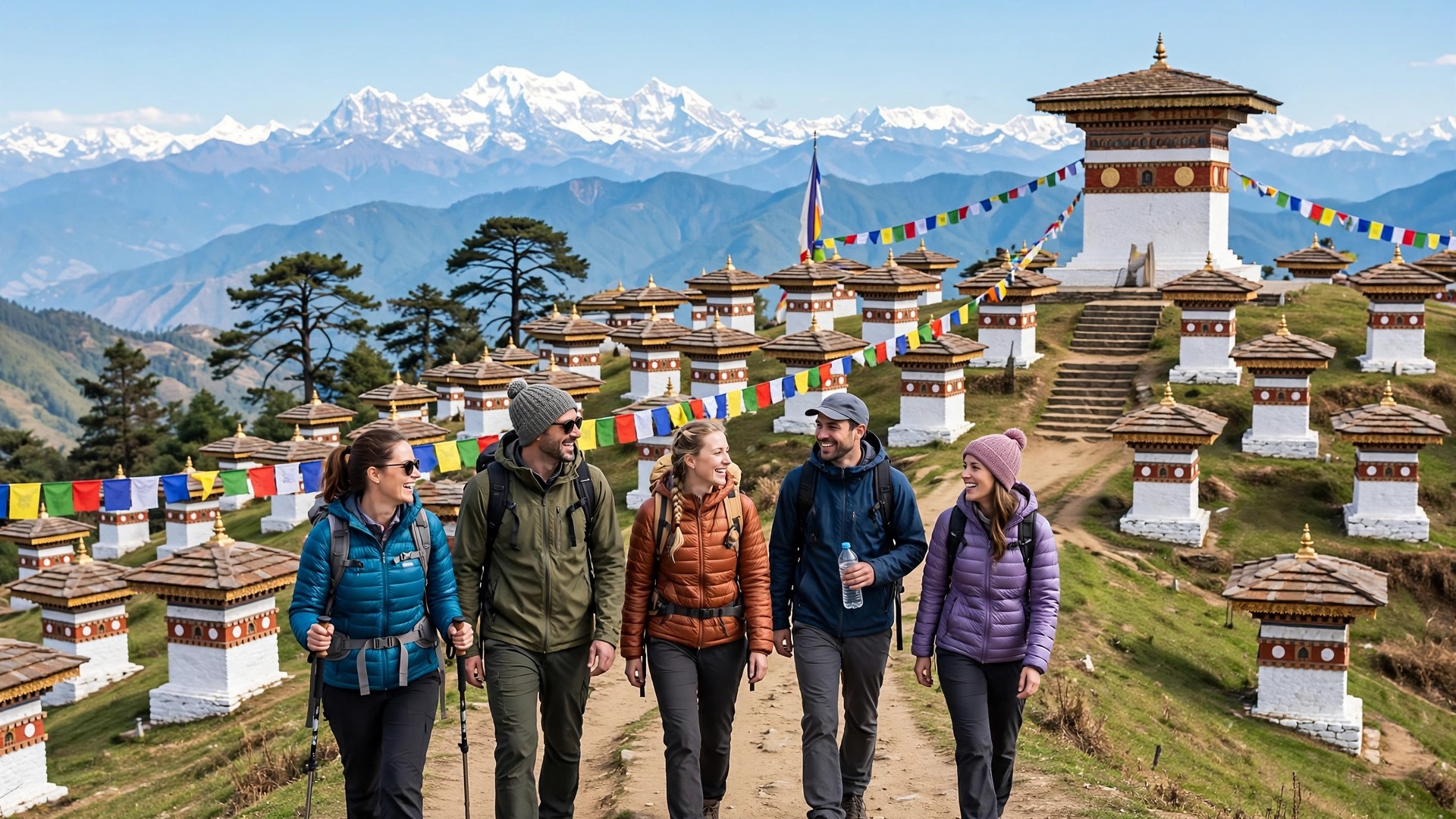 Bhutan 5-Day Package: Peaceful Himalayan Itinerary Guide Travellers crossing Dochula Pass with 108 chortens and Himalayan peaks, Bhutan