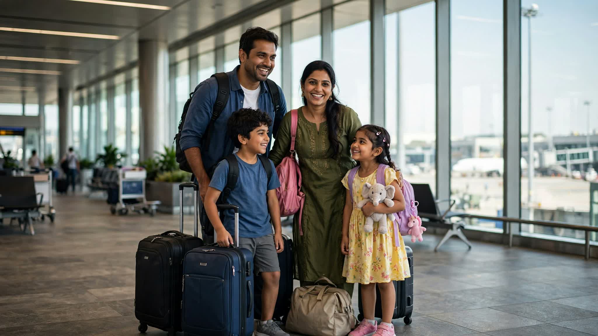 First Foreign Trip: Airport Immigration Guide for Indians Indian family at foreign airport arrival gate