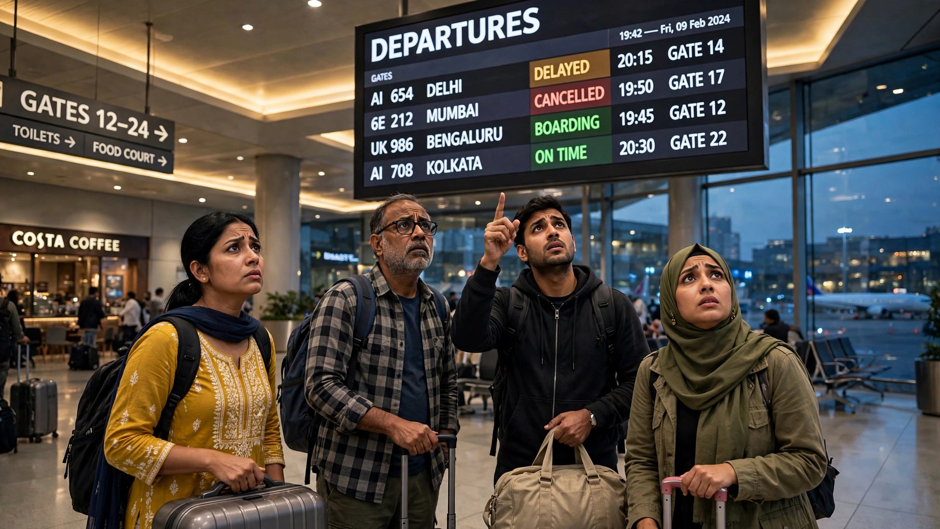 Riyadh Airport Attack: IndiGo, Air India Cancel All Flights — What Indians Must Know Indian travelers with luggage looking at flight information display in airport departure hall