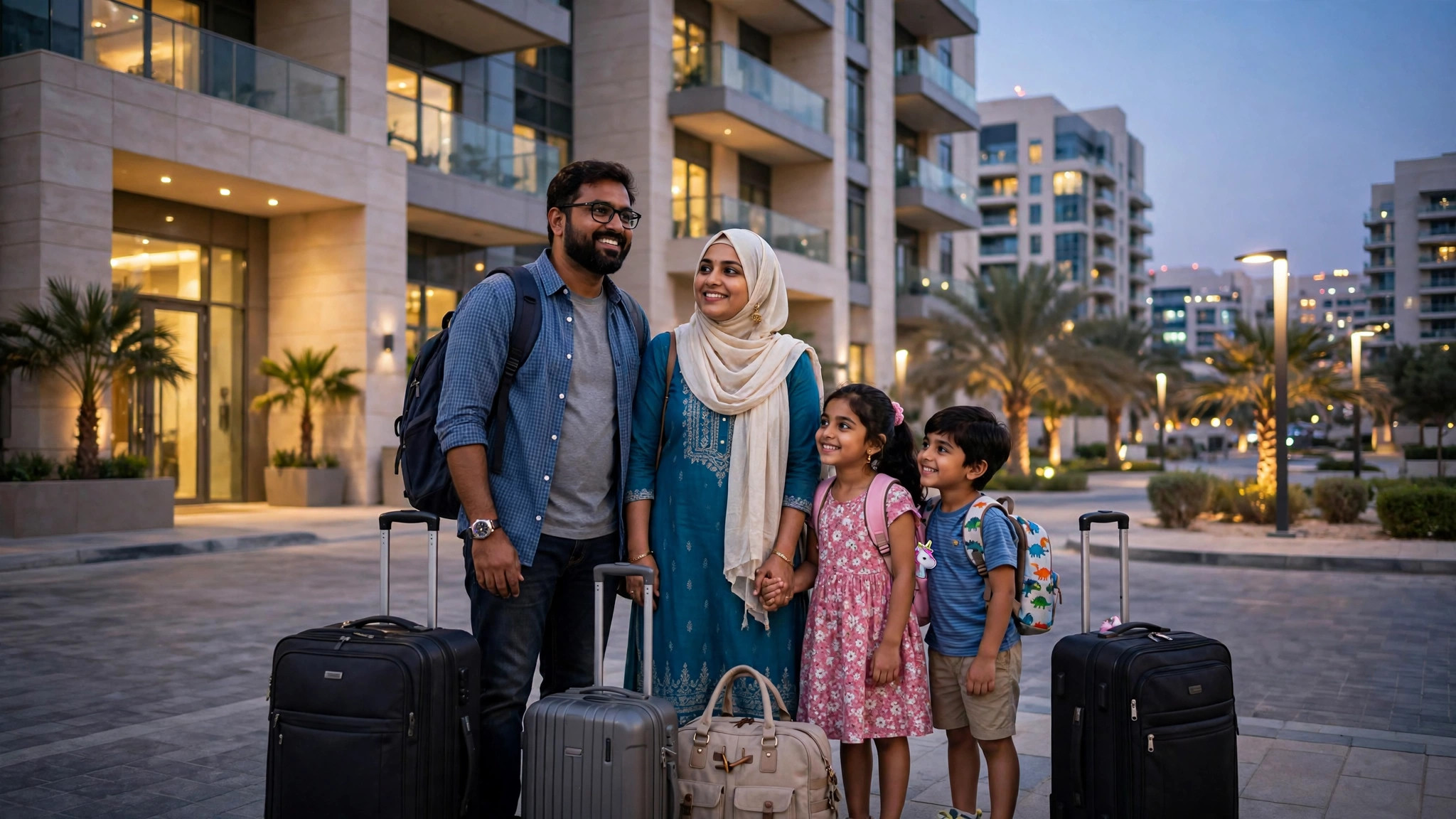 Saudi Family Visa Eased: Skilled Indian Workers Bring Family Indian engineer family with suitcases outside modern Gulf residential building