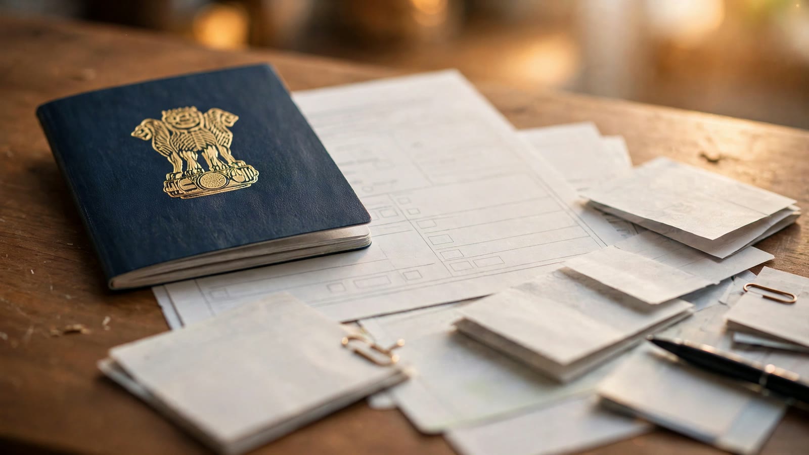 Indian passport, visa application form and travel documents arranged on a wooden desk in warm light