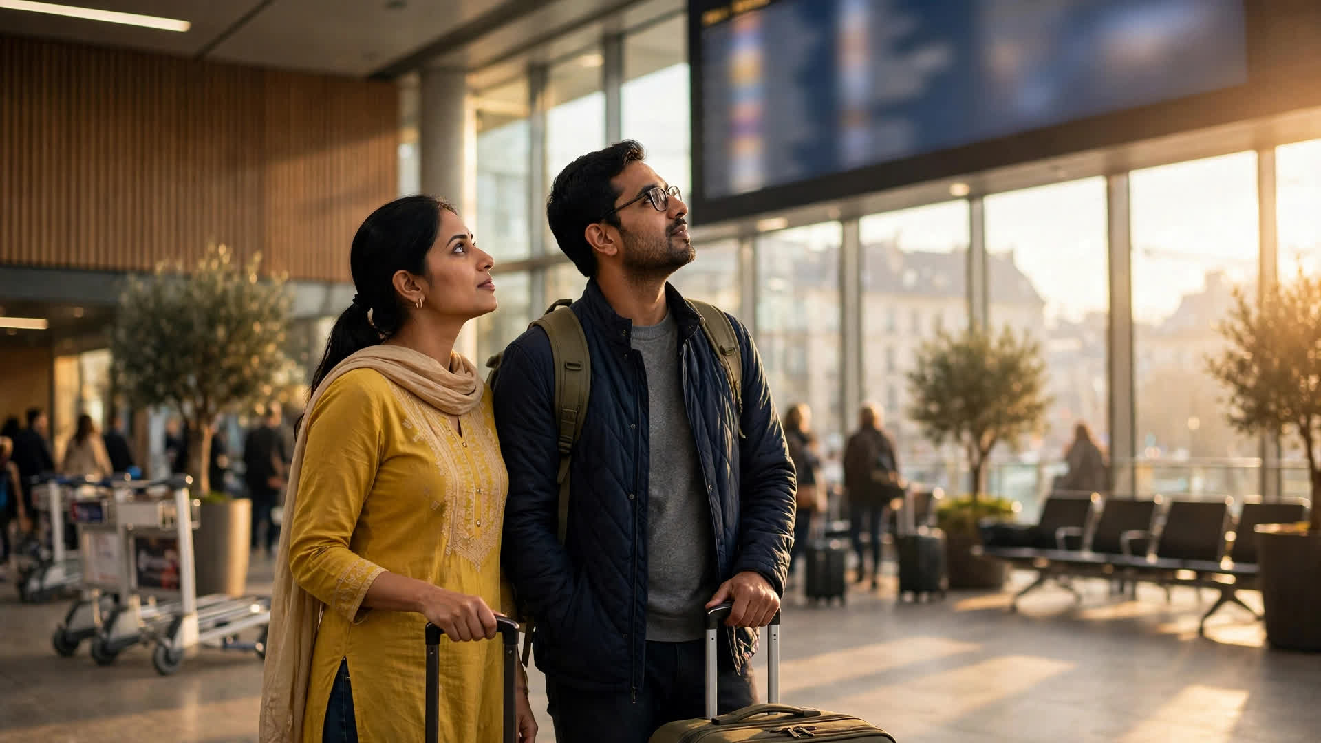Indian couple with suitcases at a departures board in a European airport terminal