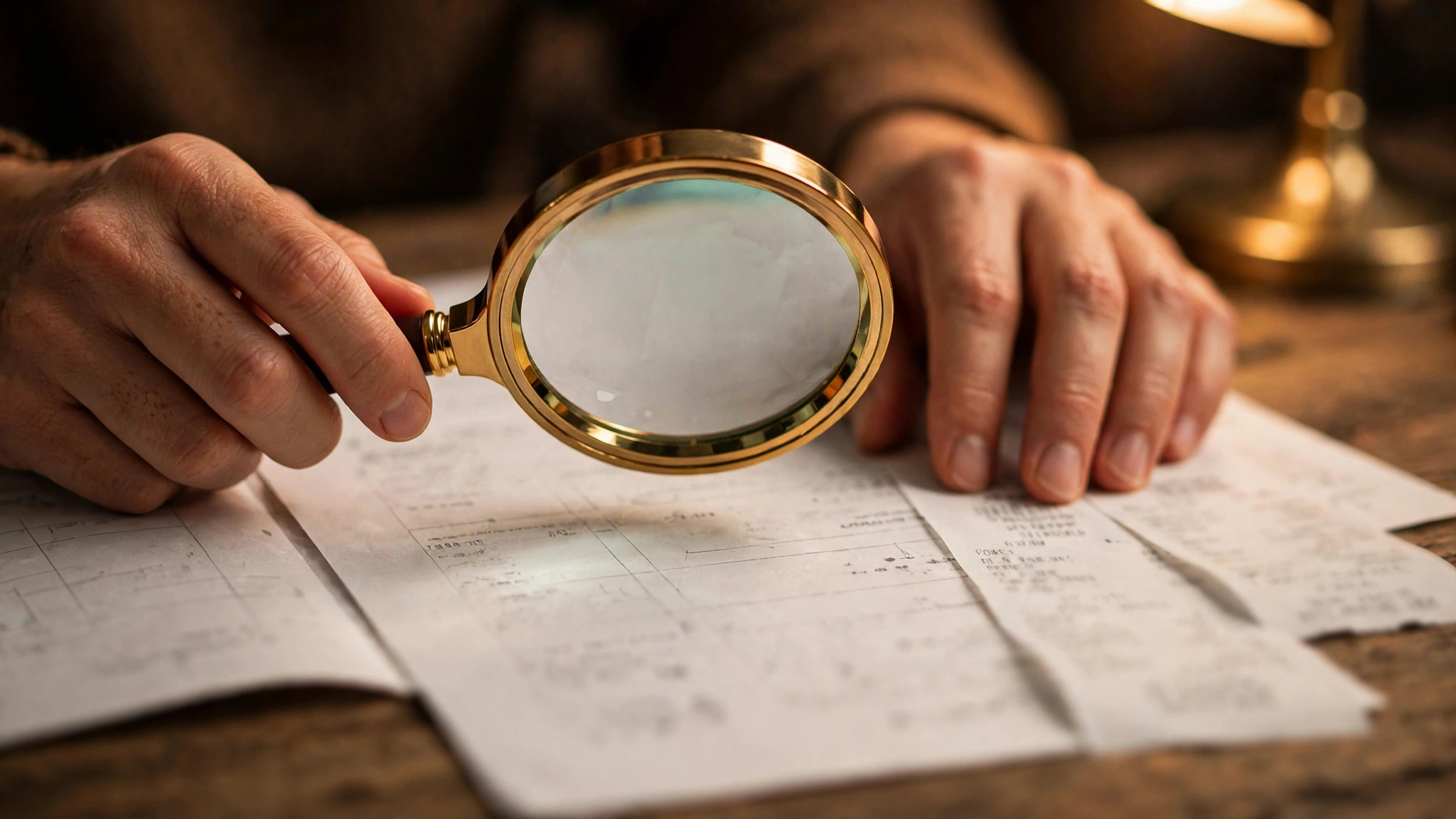 Hands holding a magnifying glass over a travel contract and receipts, checking fine print