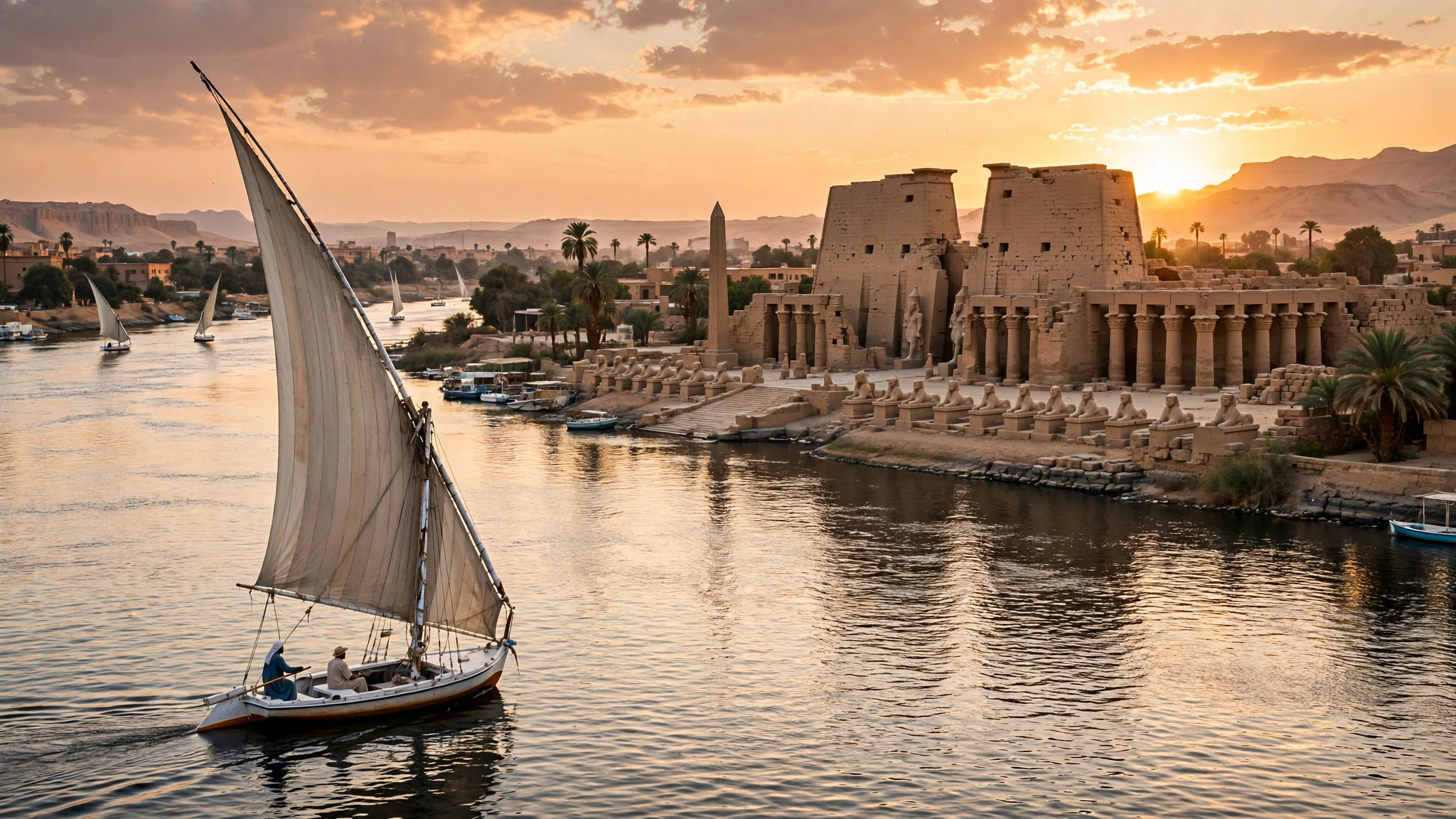 Egypt 6-Day Tour Package: Cairo, Pyramids and Nile Itinerary Felucca sailboat gliding on the Nile at sunset near Luxor