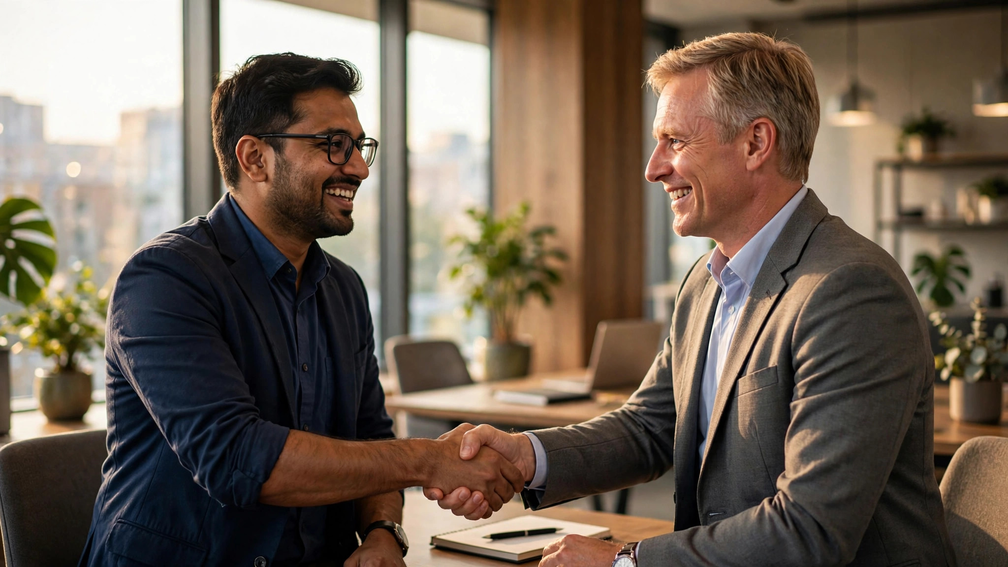 Germany Opportunity Card for Indians: No Job Offer Needed Indian engineer shaking hands with a German employer in a modern office