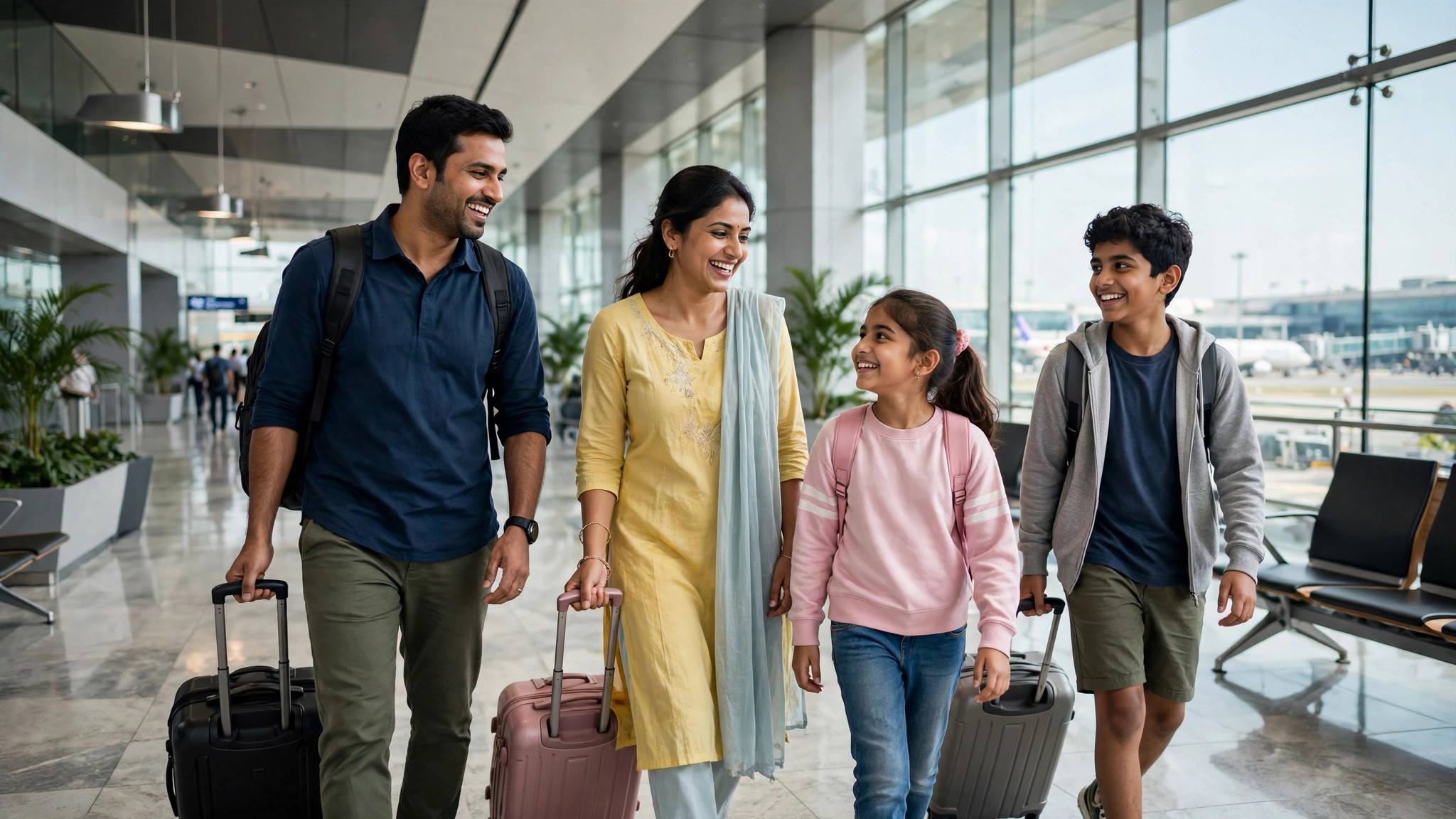 Happy Indian family with suitcases walking through a bright modern airport terminal
