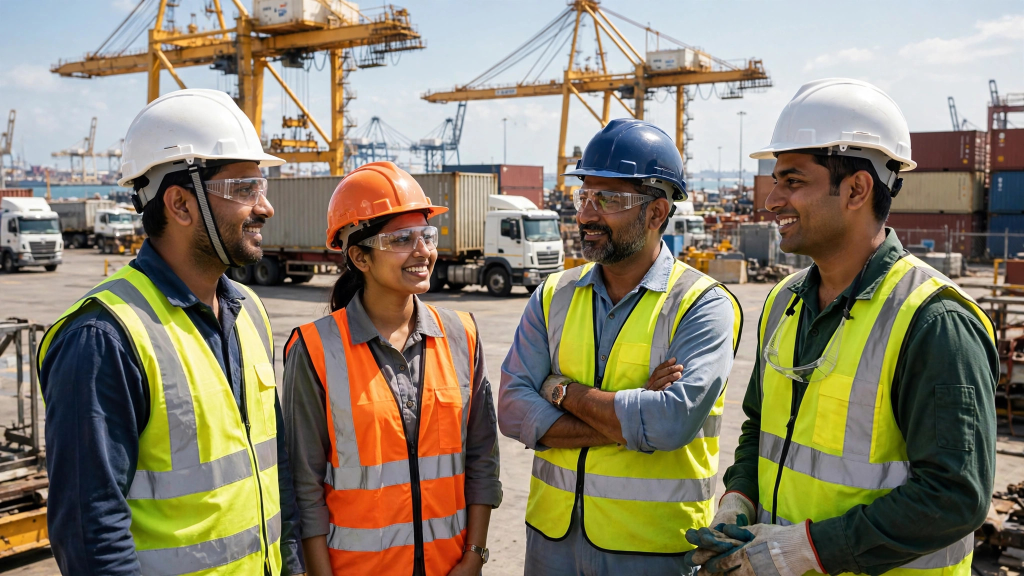Indian workers in safety gear at a Gulf port terminal during daytime