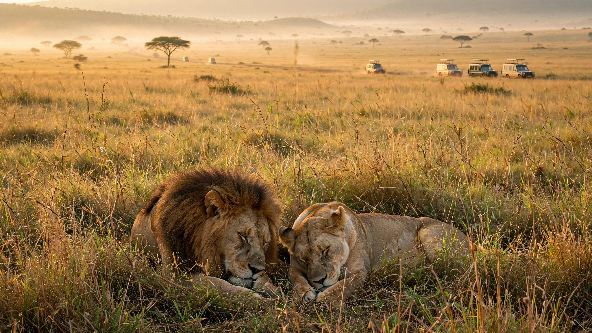 Kenya Safari Tour Package for Indians: 5-Day Itinerary and Cost Lions resting on grass in Masai Mara with safari vehicles at a distance, warm morning light