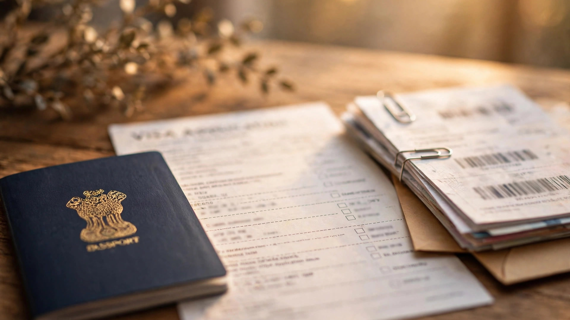 Indian passport and visa application documents on a wooden desk