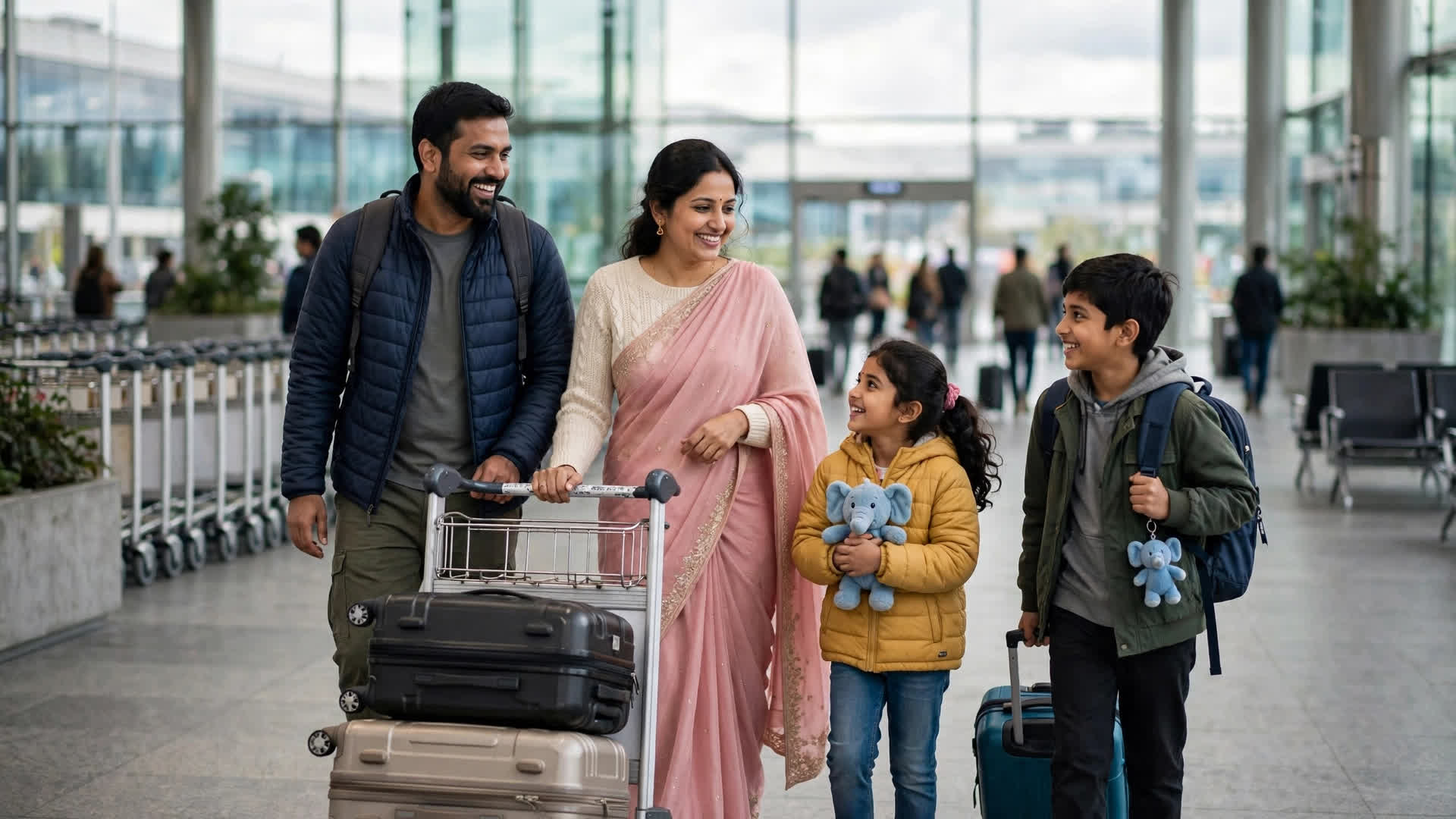 Indian family with luggage arriving at Paris Charles de Gaulle airport arrivals hall