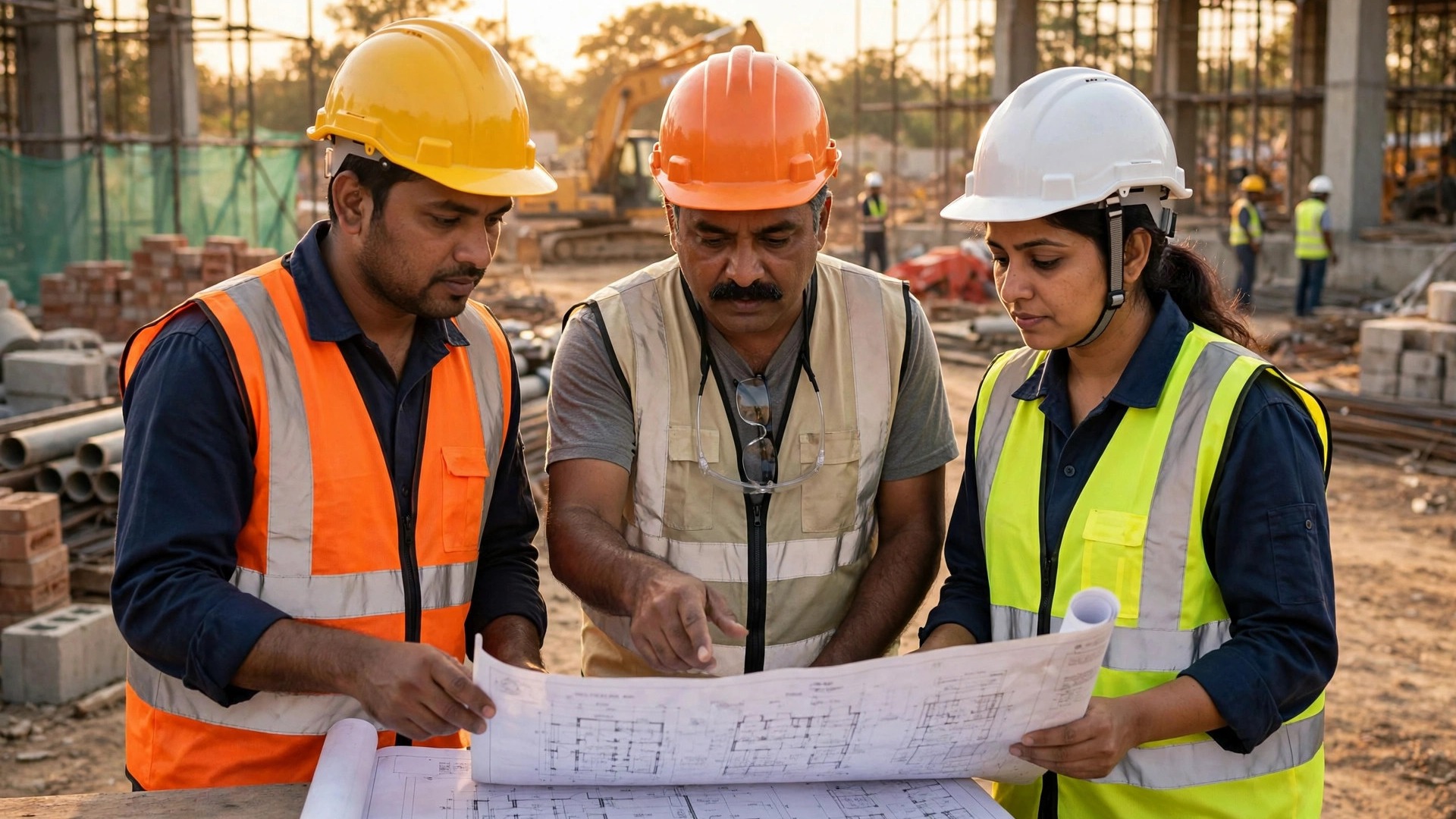 Indian construction workers reviewing building plans on site