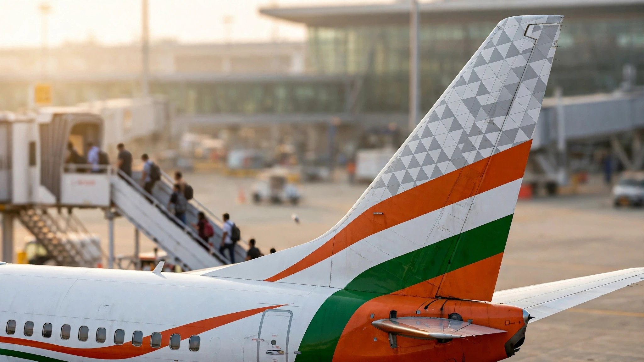 Bengaluru to Kathmandu: Air India Express New Flights Explained Air India Express aircraft tail in Indian flag colours at Bengaluru airport gate, passengers boarding in the background