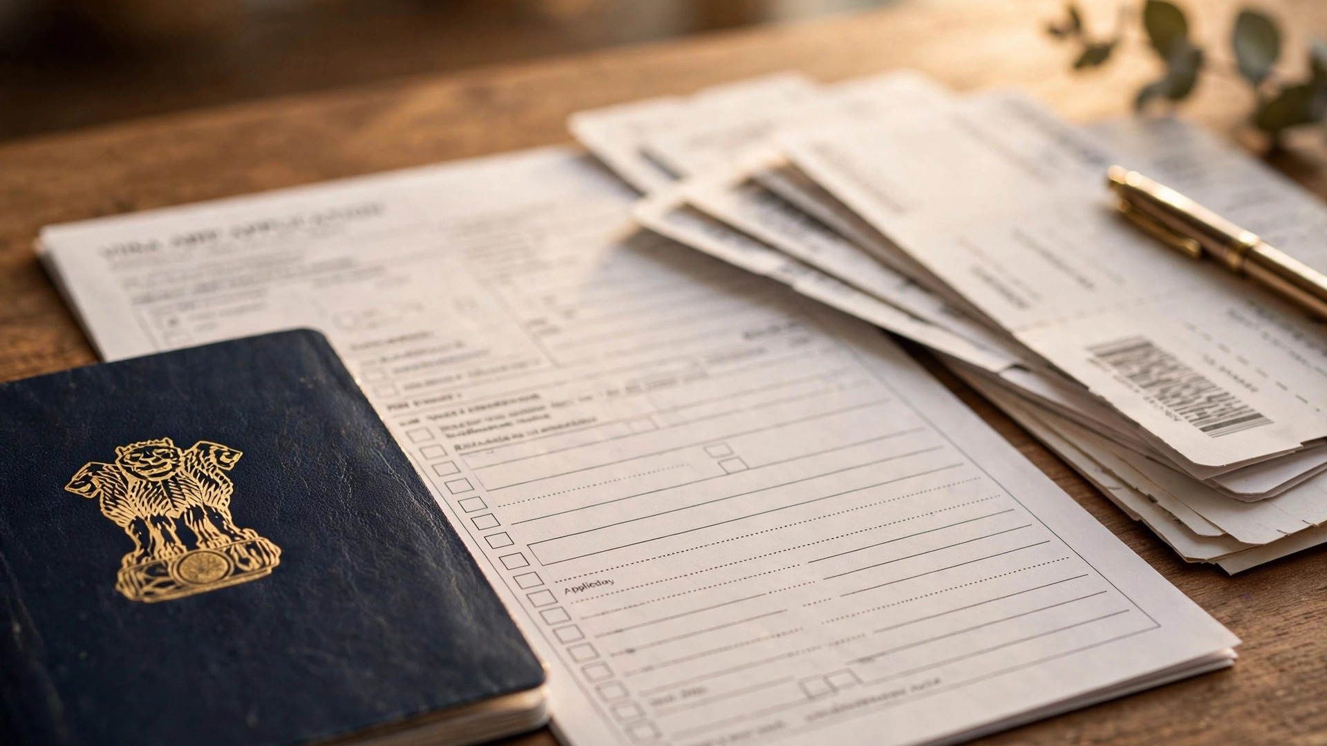 Indian passport and visa application documents on desk