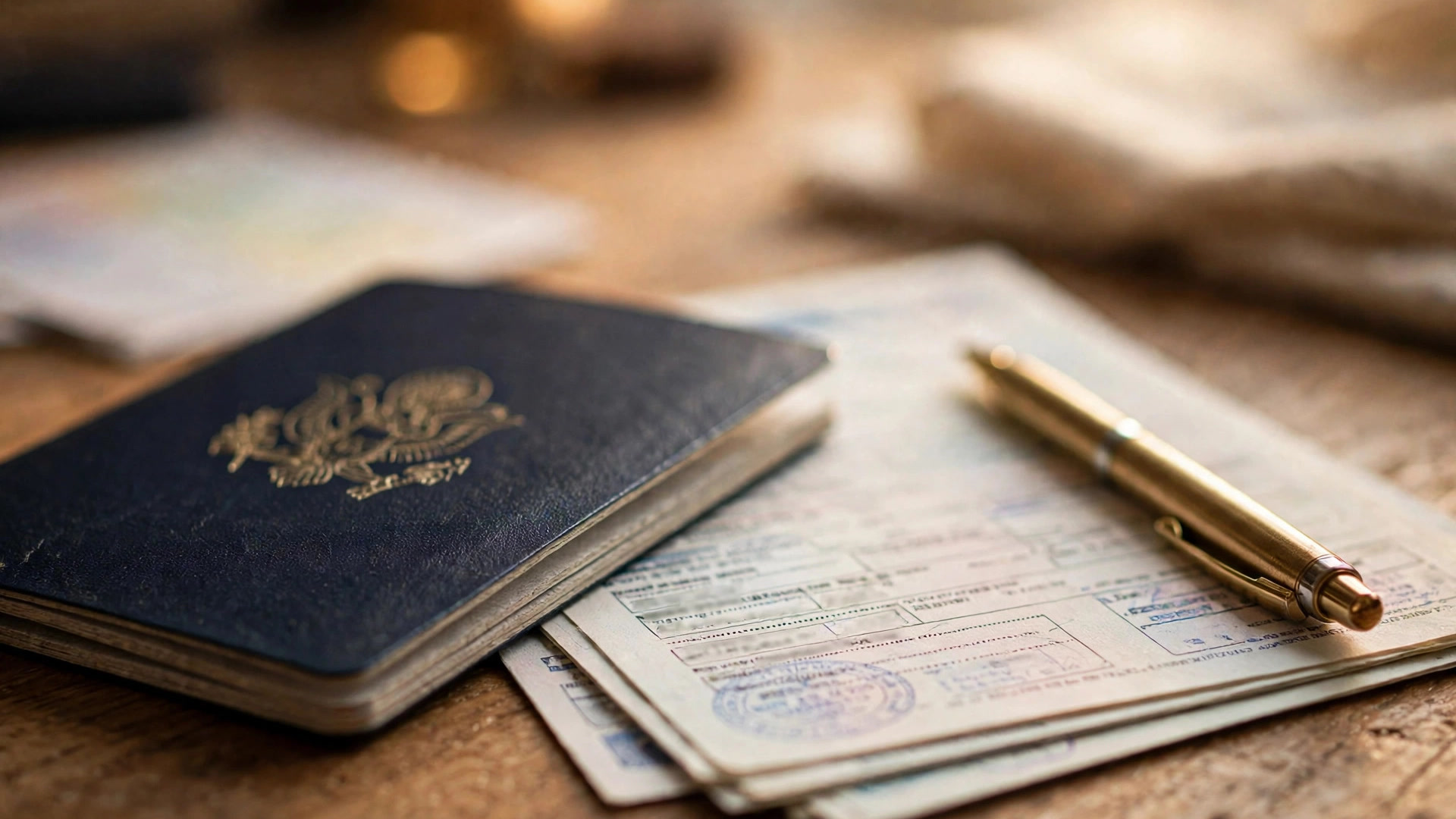 Passport and work visa documents with a pen on a desk