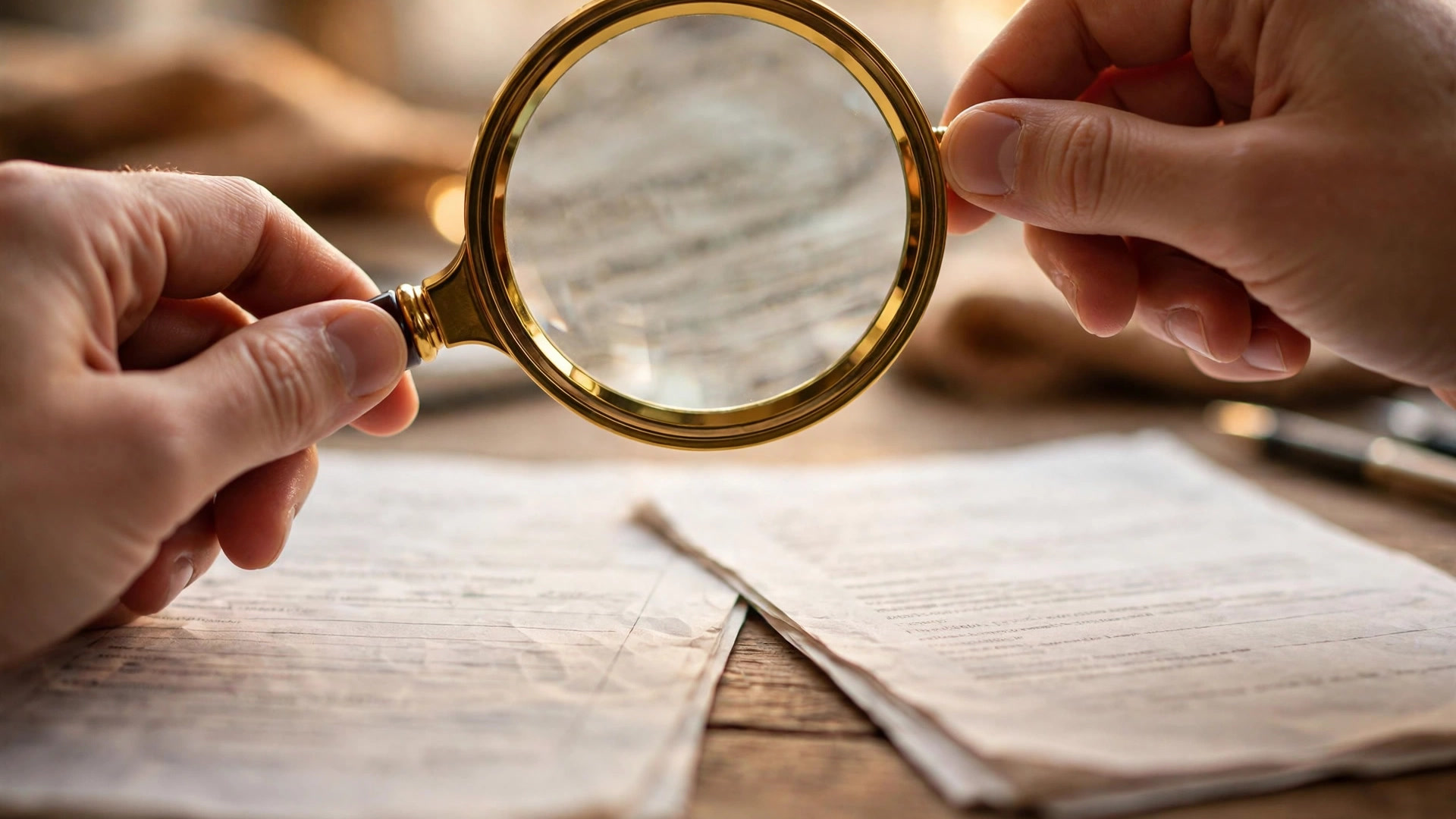 Hands holding magnifying glass over employment contract for verification