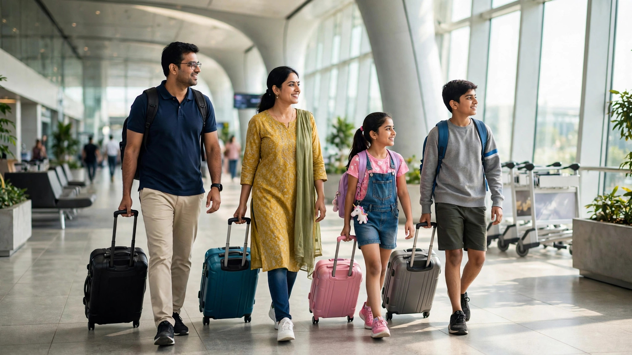Indian family walking through a bright modern airport terminal with rolling suitcases