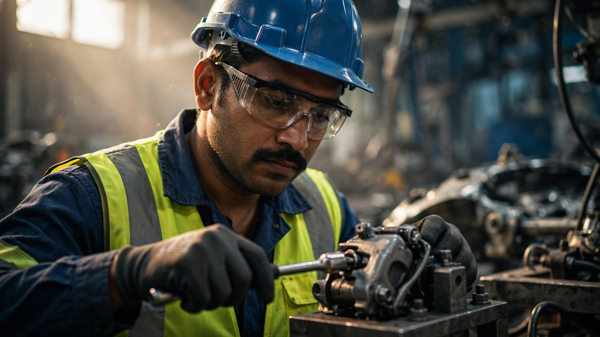 Czechia Work Visa for Indians: Automotive Factory Jobs Guide Indian factory worker in safety gear assembling car parts on a production line