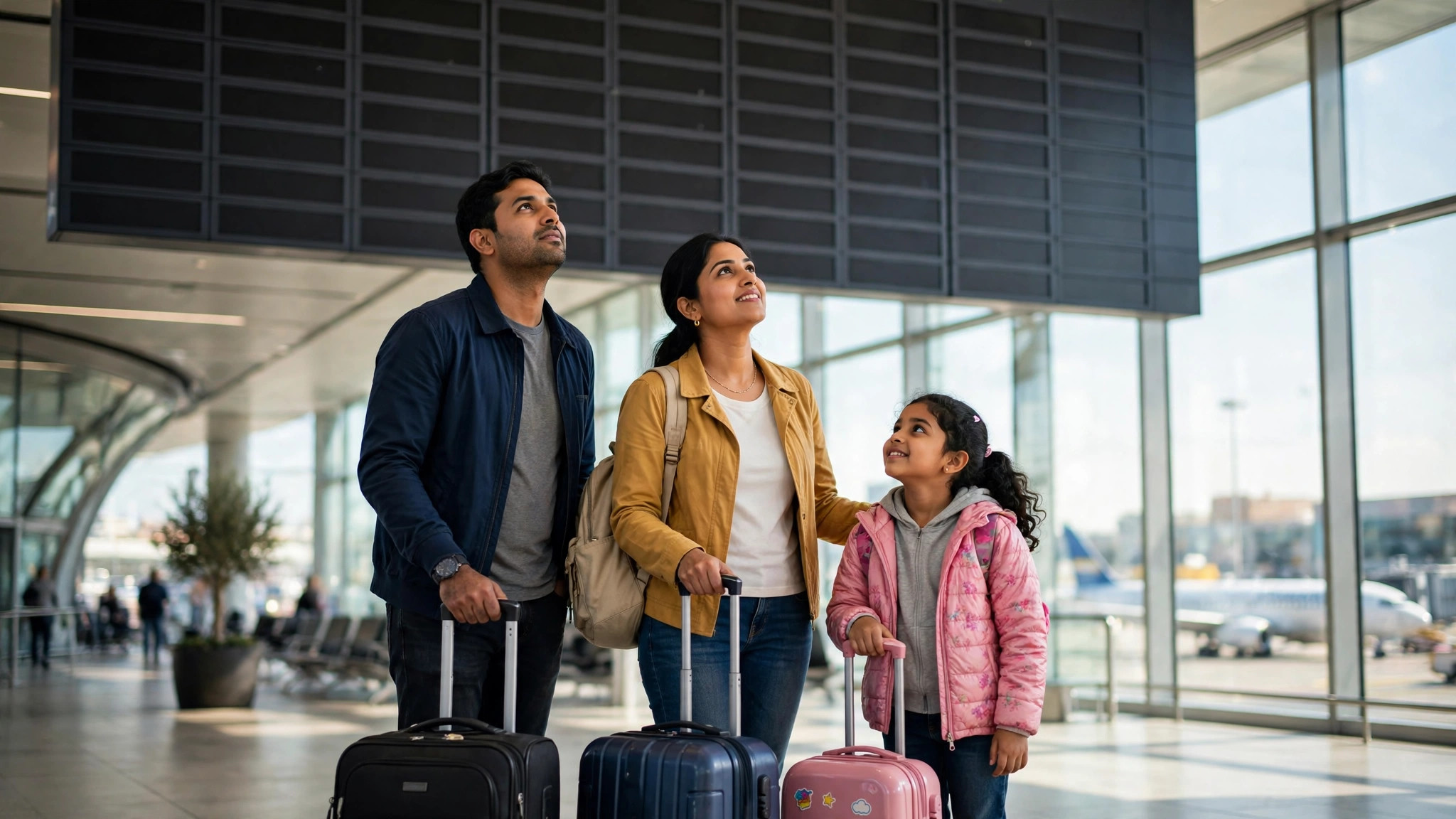 Digital Schengen Visa: What Indian Travellers Should Prepare For Indian family with suitcases checking a departure board at a European airport